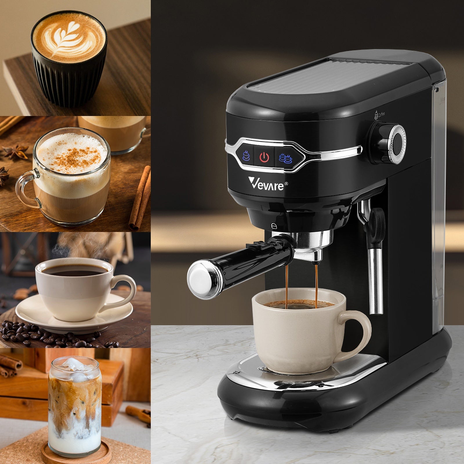 Vevare Espresso Coffee Machine Latter Cappuccino Maker 19 Bar Milk Frother Black - Sunyee