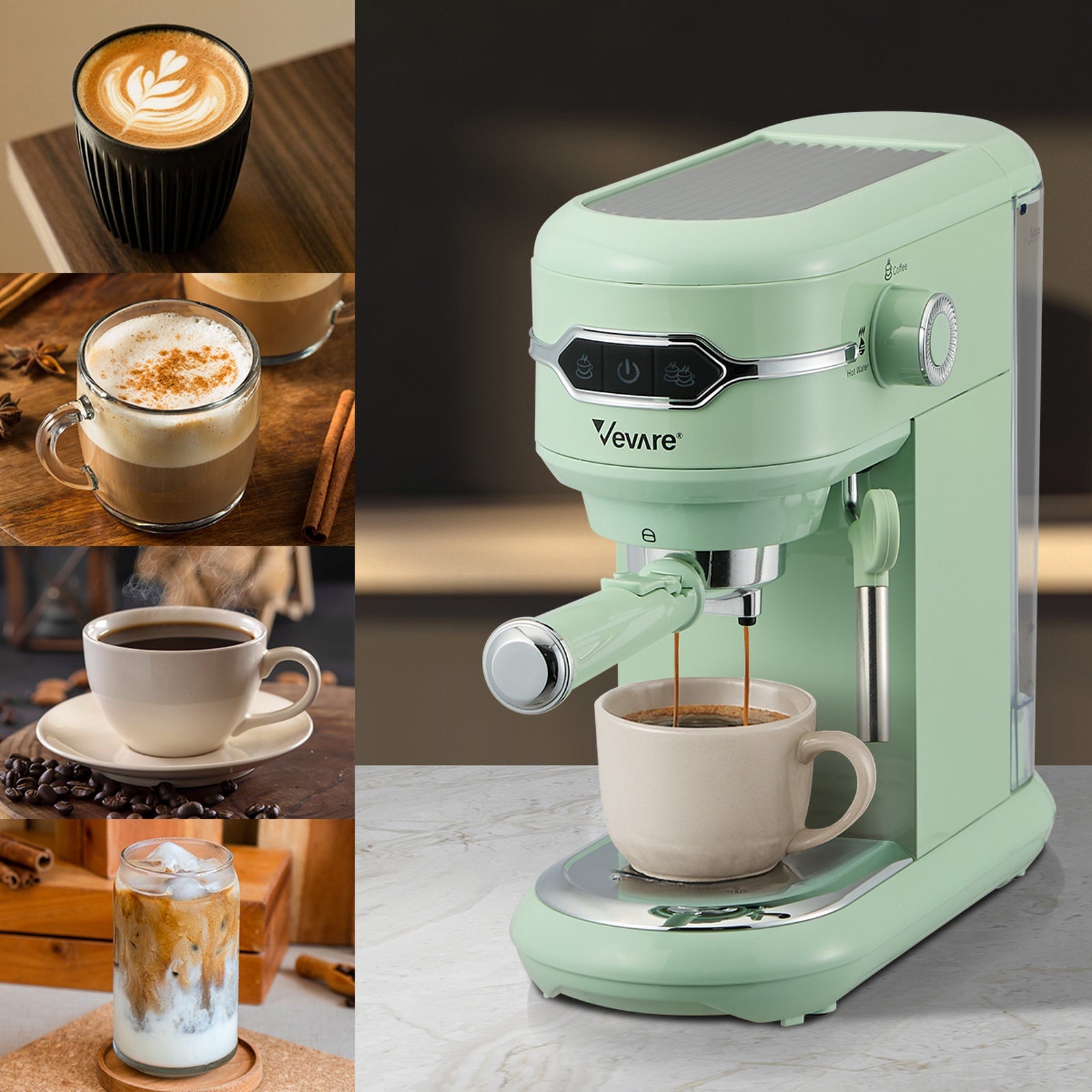 Vevare Espresso Coffee Machine Latter Cappuccino Maker 19 Bar Milk Frother Mint - Sunyee