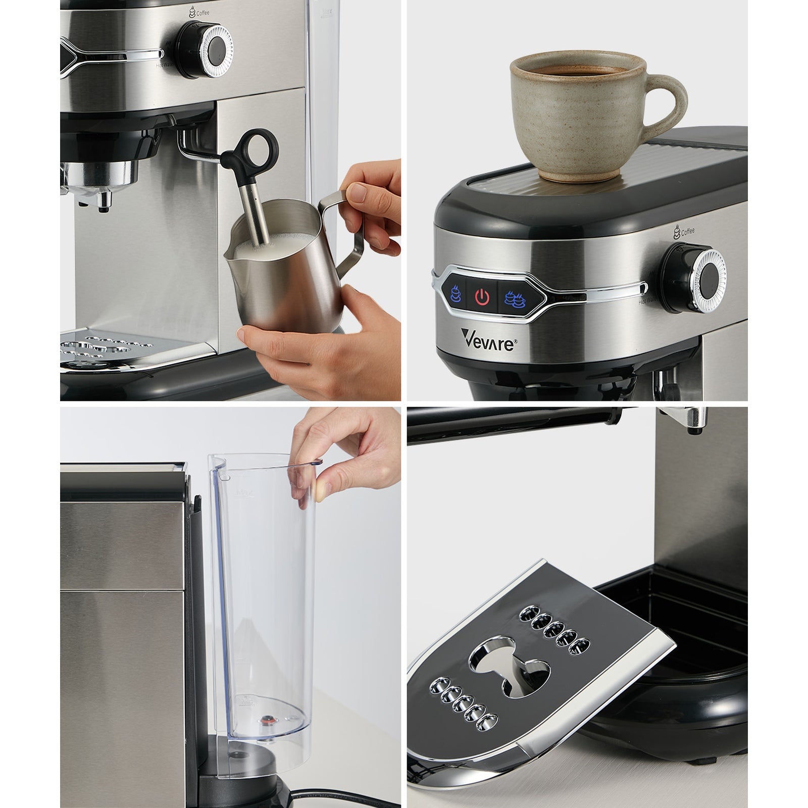 Vevare Espresso Coffee Machine Latter Cappuccino Maker 19 Bar Milk Frother Inox - Sunyee