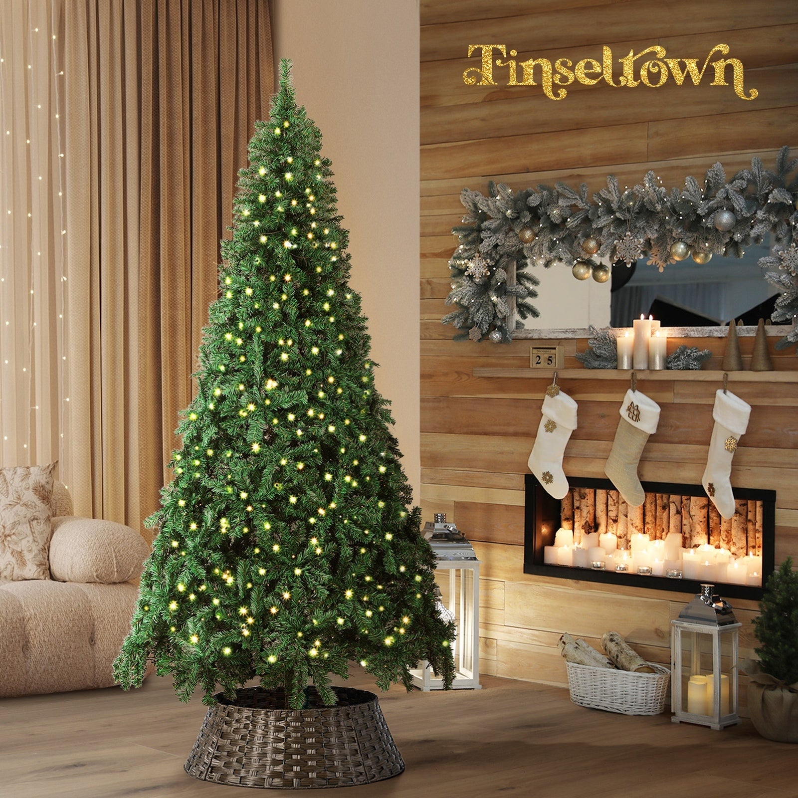 Tinseltown LED Christmas Tree 1.8M 6FT with Rattan Tree Skirt Warm Light Green - Sunyee
