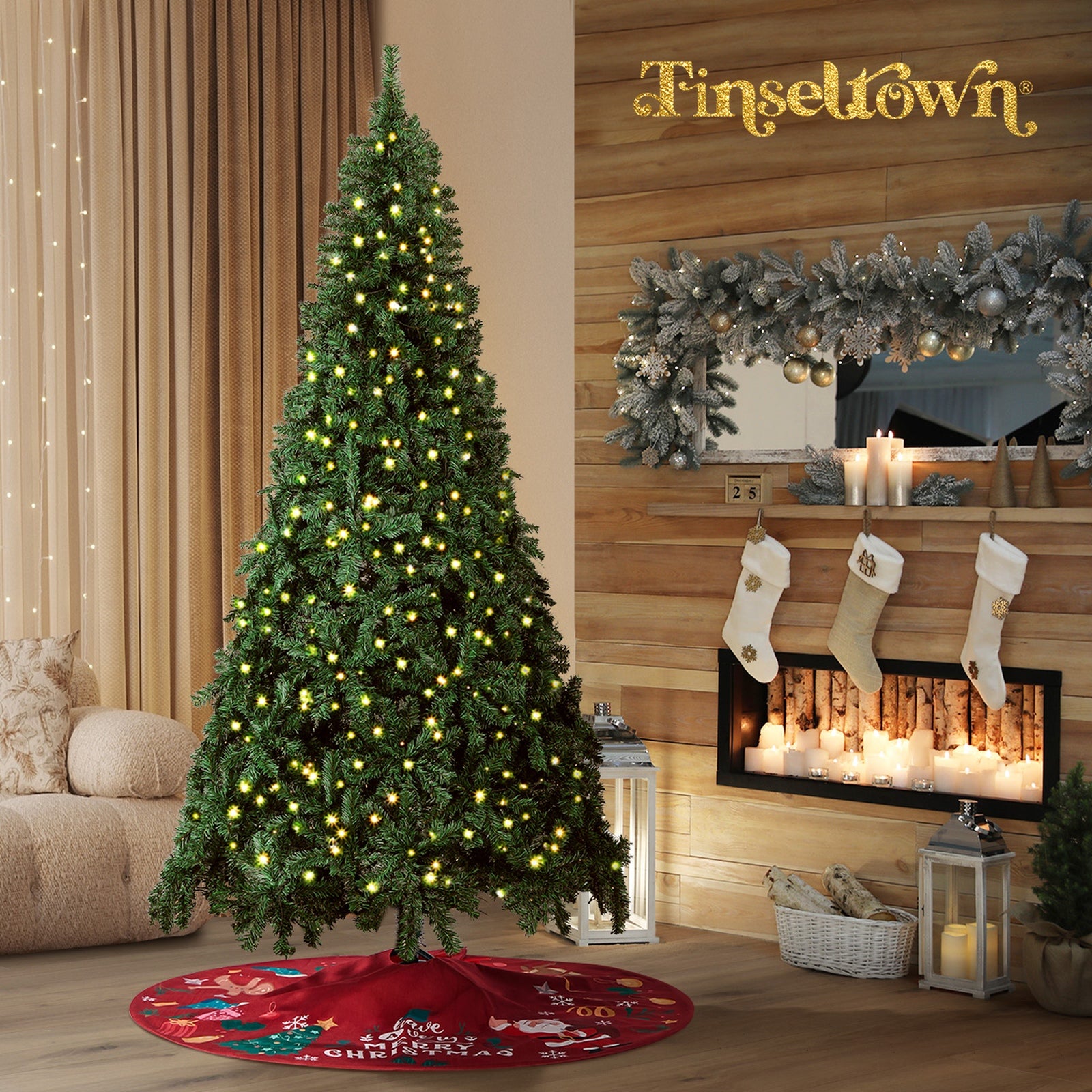 Tinseltown LED Christmas Tree 7FT 2.1M Xmas Trees Decor with Red Tree Skirt