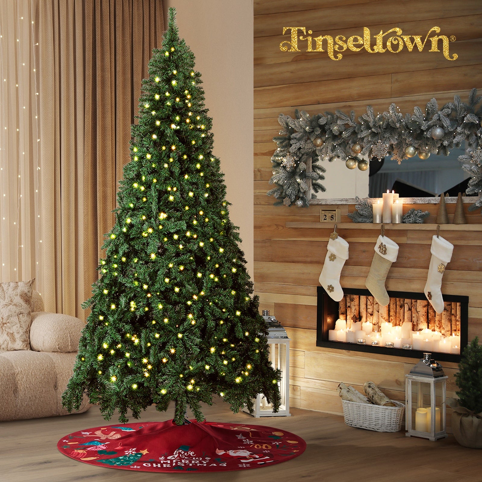 Tinseltown LED Christmas Tree 1.8M/2.1M/2.4M Xmas Trees Decor Red Tree Skirt