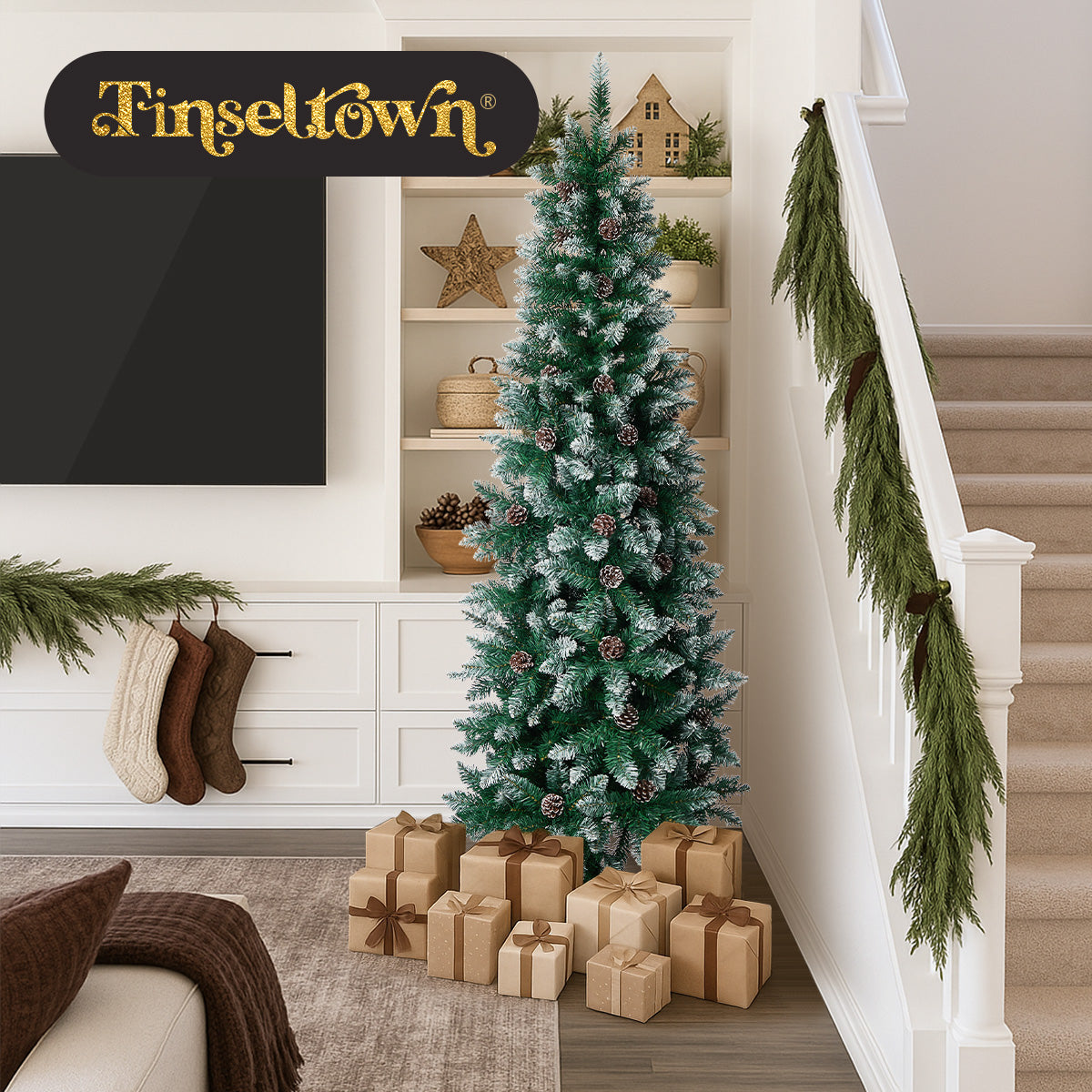 Tinseltown Slim Christmas Tree 6FT 1.8M Pine Cones Decor Green 480 Tips