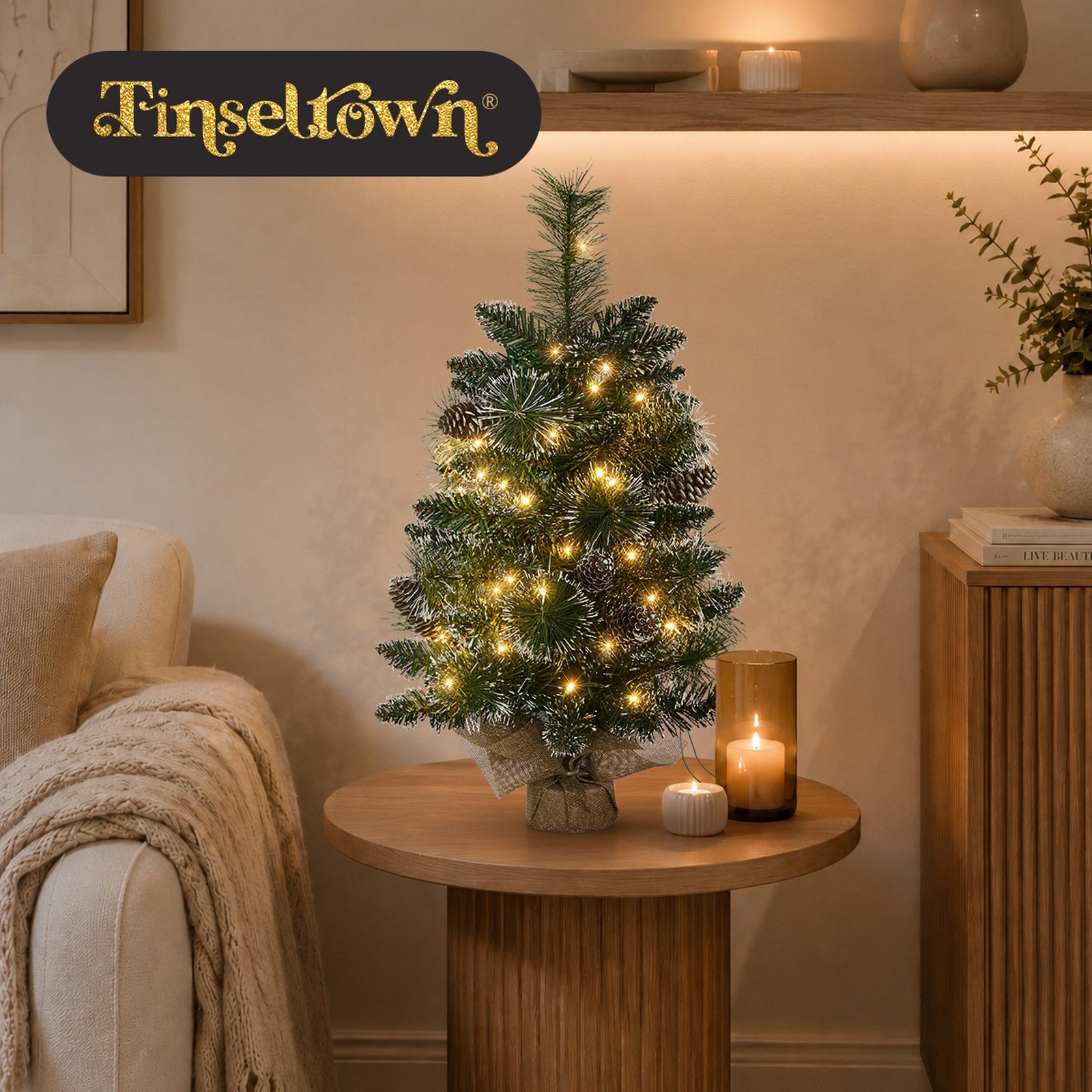 Tinseltown Mini LED Christmas Tree Faux Pine Cones Battery Powered 60cm Green