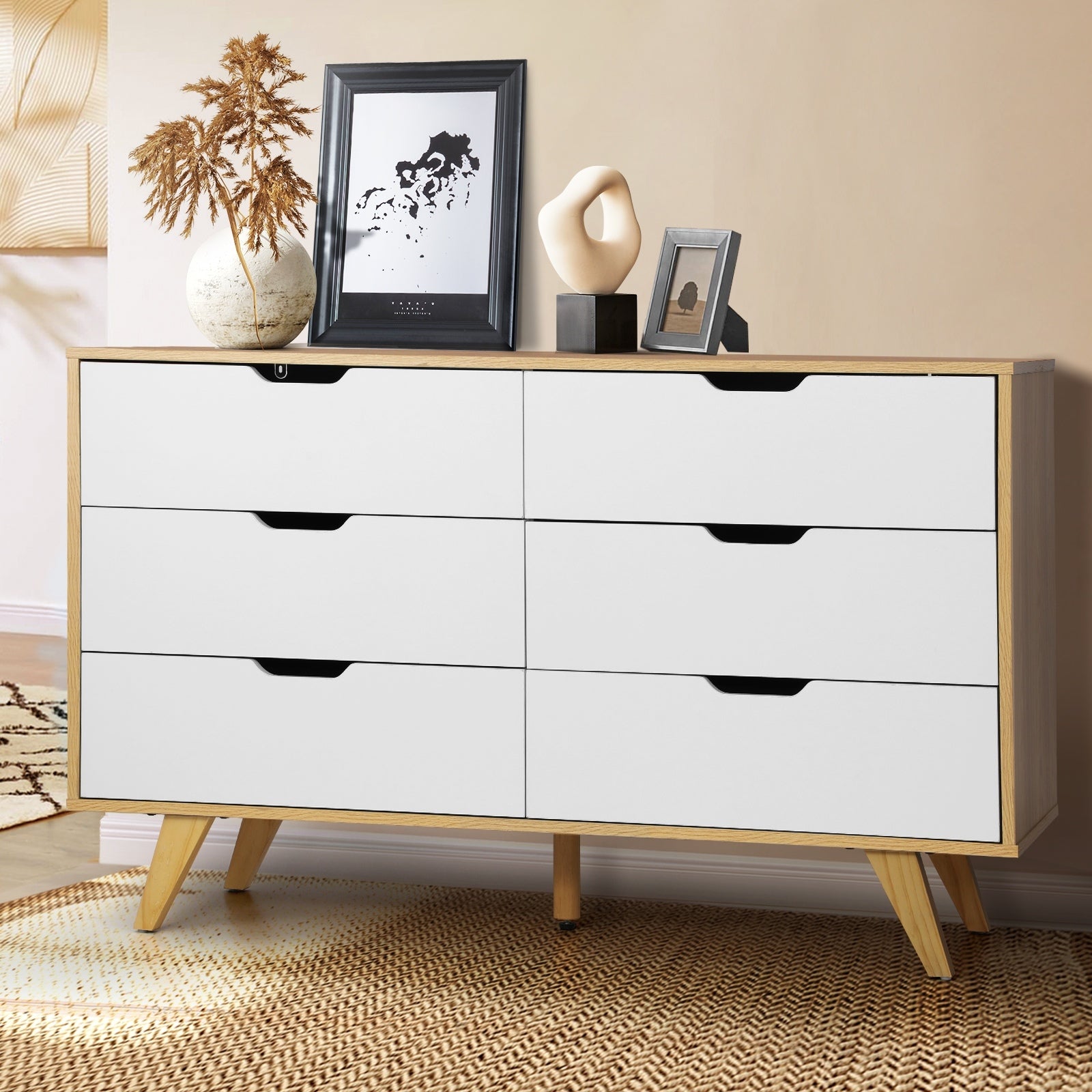 Oikiture 6 Chest of Drawers Lowboy Dresser Storage Cabinet Bedroom Wooden White - Sunyee
