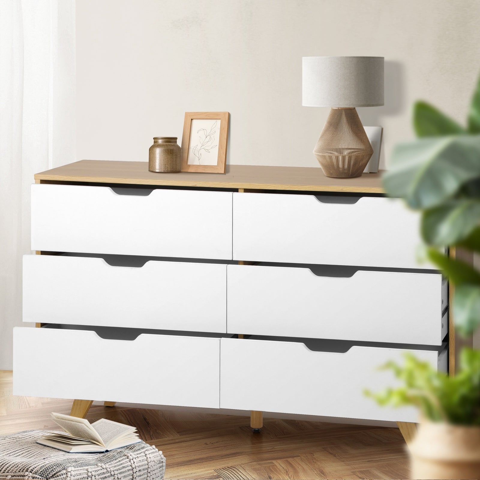 Oikiture 6 Chest of Drawers Lowboy Dresser Storage Cabinet Bedroom Wooden White - Sunyee