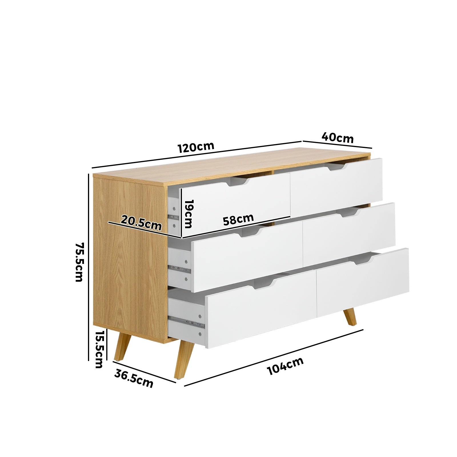 Oikiture 6 Chest of Drawers Lowboy Dresser Storage Cabinet Bedroom Wooden White - Sunyee