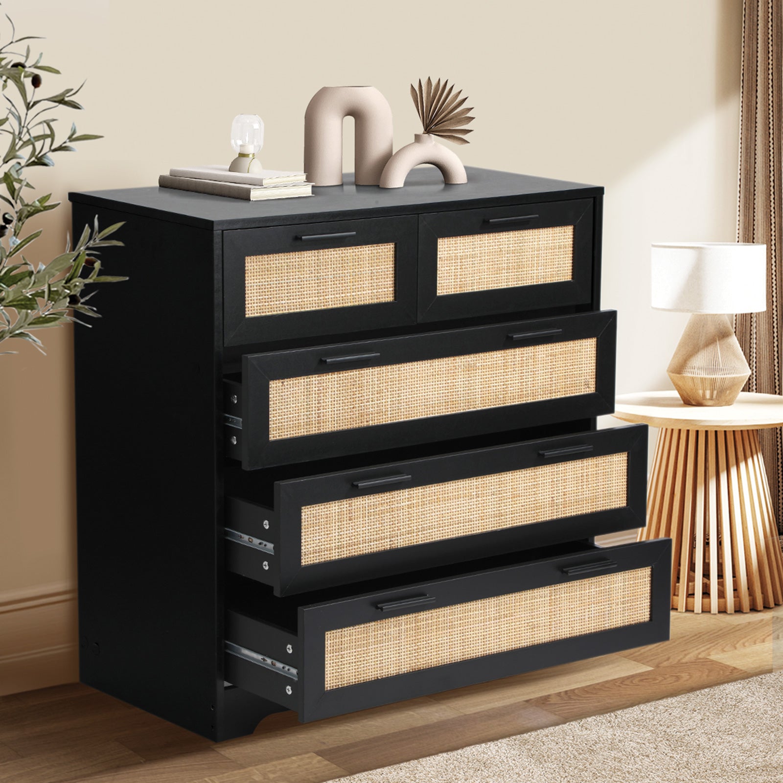 Oikiture 5 Chest of Drawers Dresser Storage Cabinet Tallboy Rattan Black - Sunyee