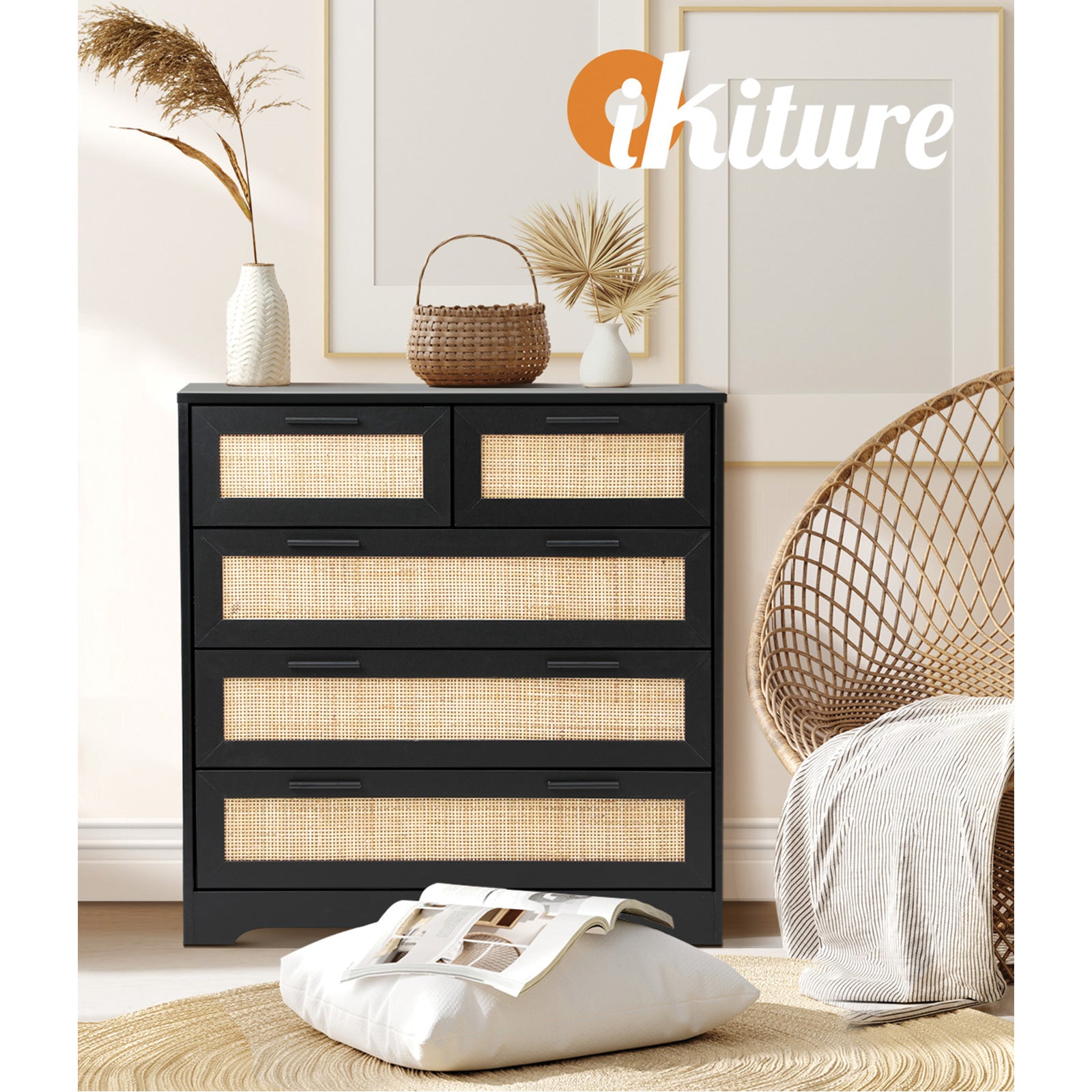 Oikiture 5 Chest of Drawers Dresser Storage Cabinet Tallboy Rattan Black - Sunyee