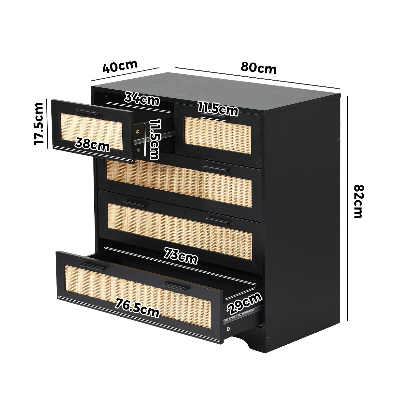 Oikiture 5 Chest of Drawers Dresser Storage Cabinet Tallboy Rattan Black - Sunyee