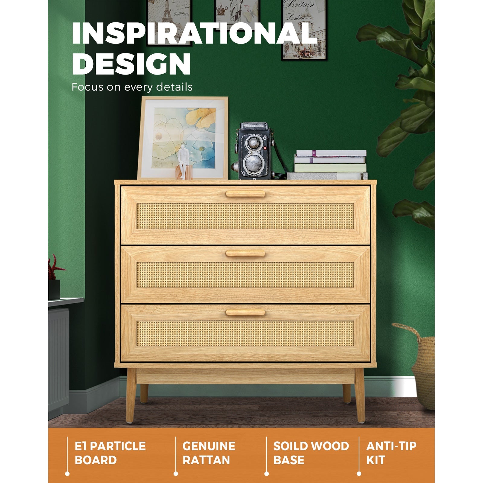 Oikiture 3 Chest of Drawers Tallboy Cabinet Clothes Storage Bedroom Rattan Wood - Sunyee