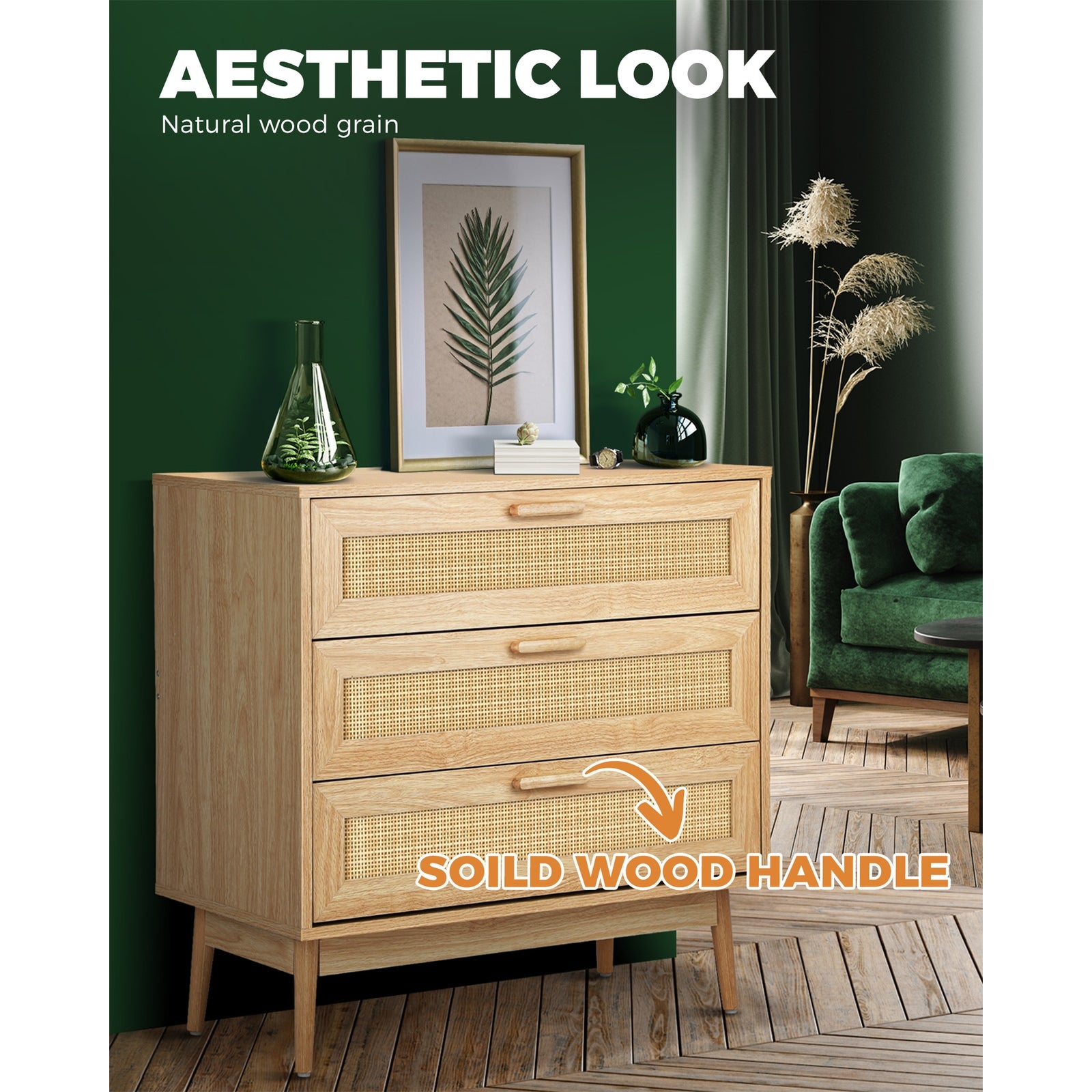 Oikiture 3 Chest of Drawers Tallboy Cabinet Clothes Storage Bedroom Rattan Wood - Sunyee