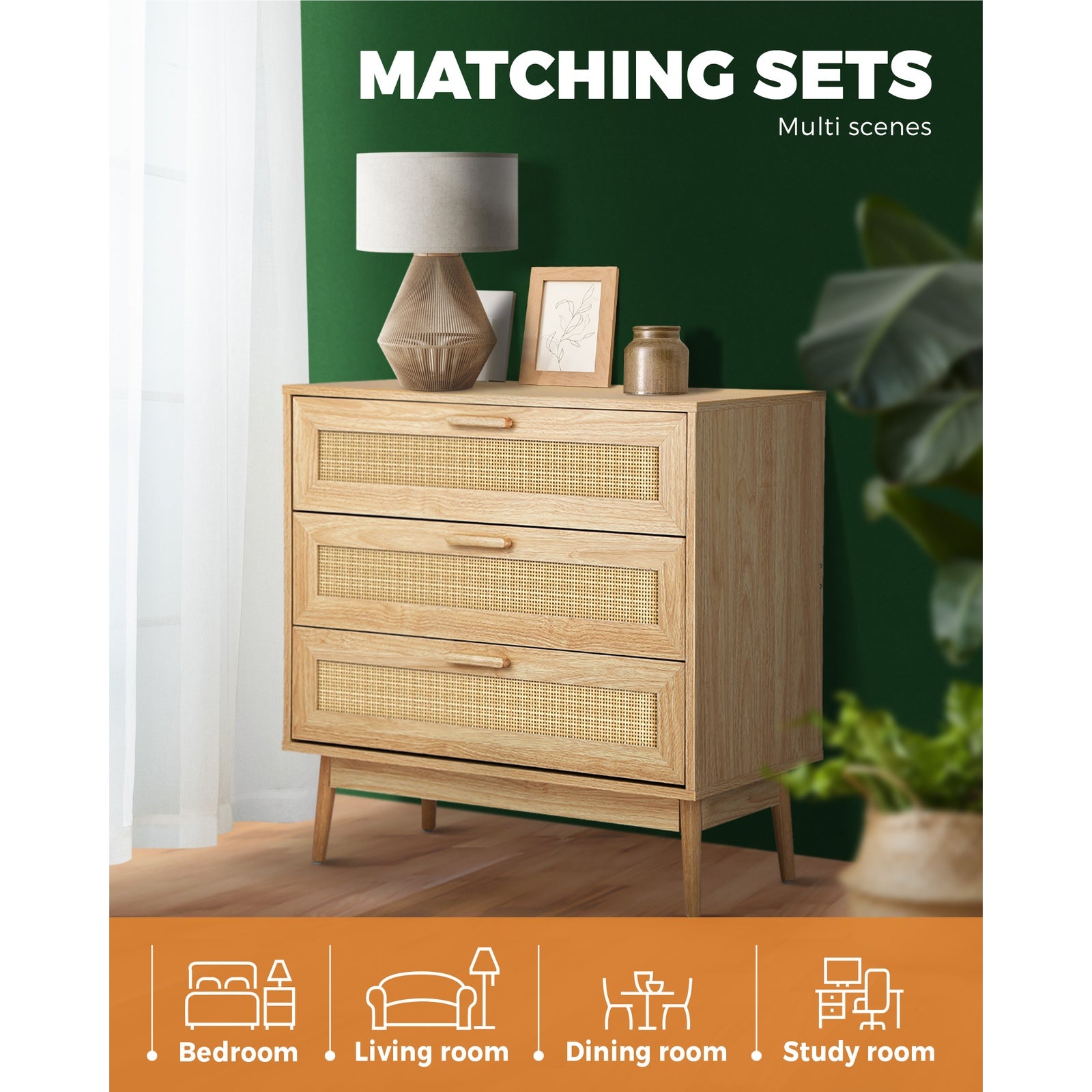 Oikiture 3 Chest of Drawers Tallboy Cabinet Clothes Storage Bedroom Rattan Wood - Sunyee