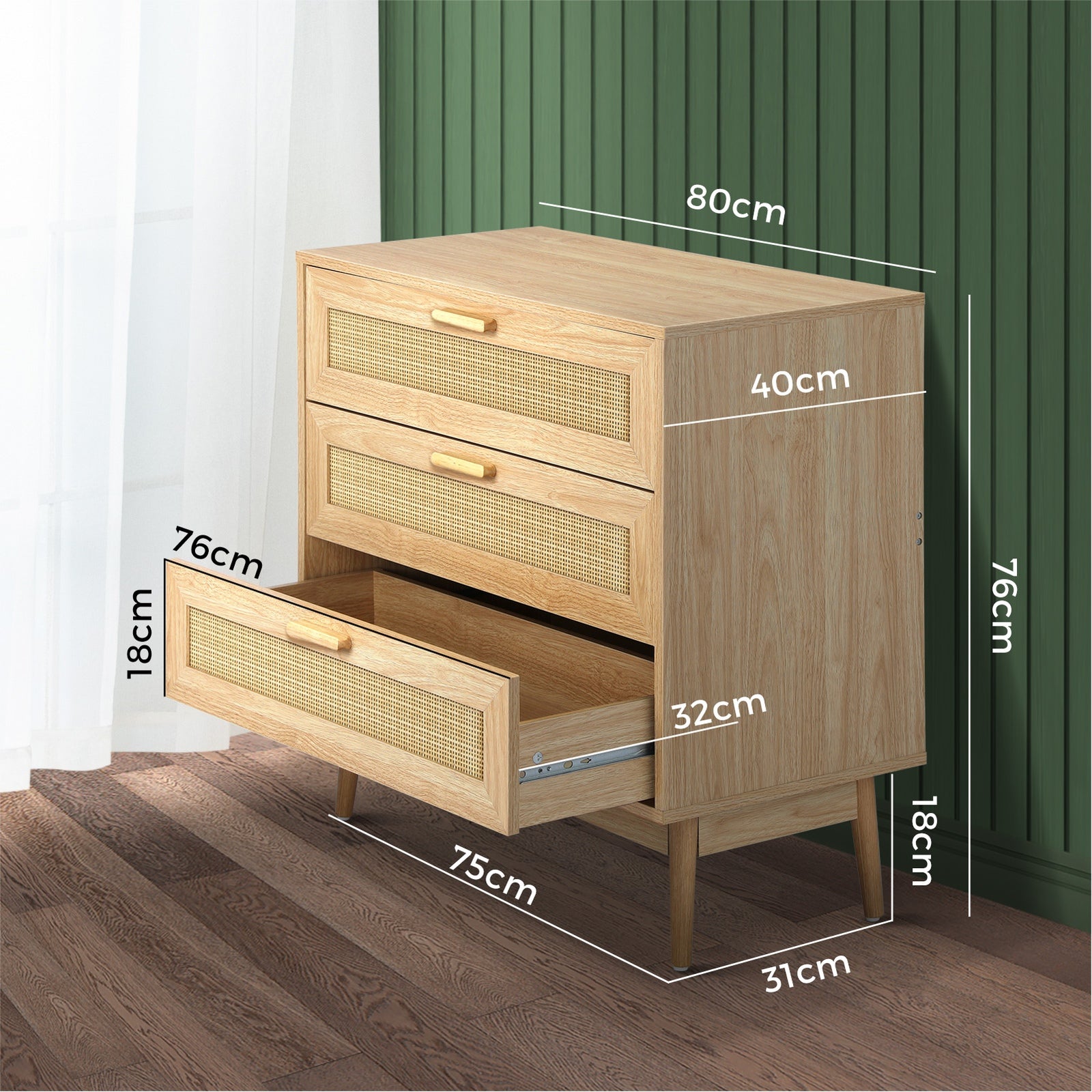 Oikiture 3 Chest of Drawers Tallboy Cabinet Clothes Storage Bedroom Rattan Wood - Sunyee