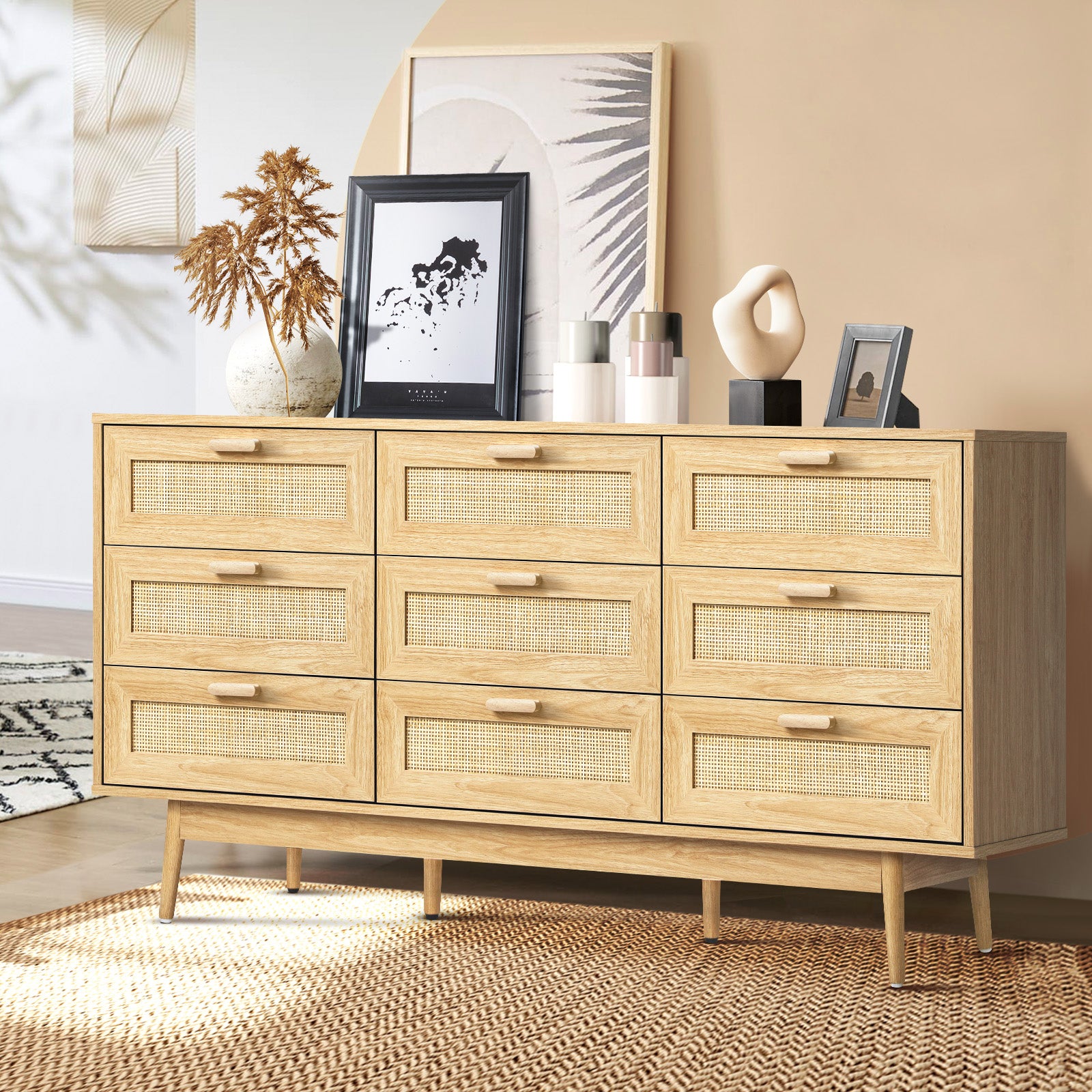 Oikiture 9 Chest of Drawers Dresser Rattan Storage Cabinet Lowboy Bedroom Wooden - Sunyee