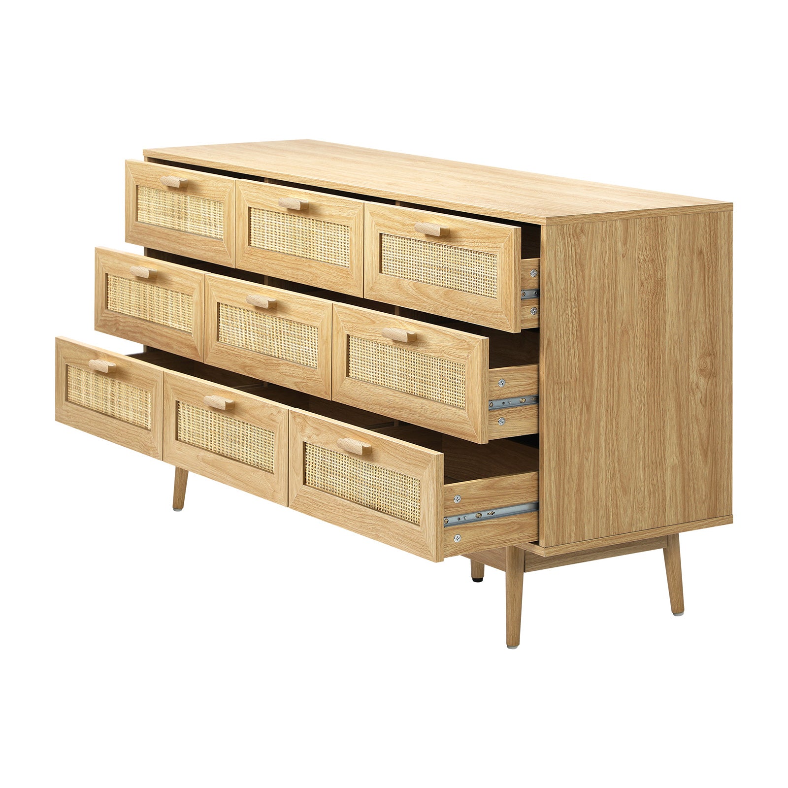 Oikiture 9 Chest of Drawers Dresser Rattan Storage Cabinet Lowboy Bedroom Wooden - Sunyee