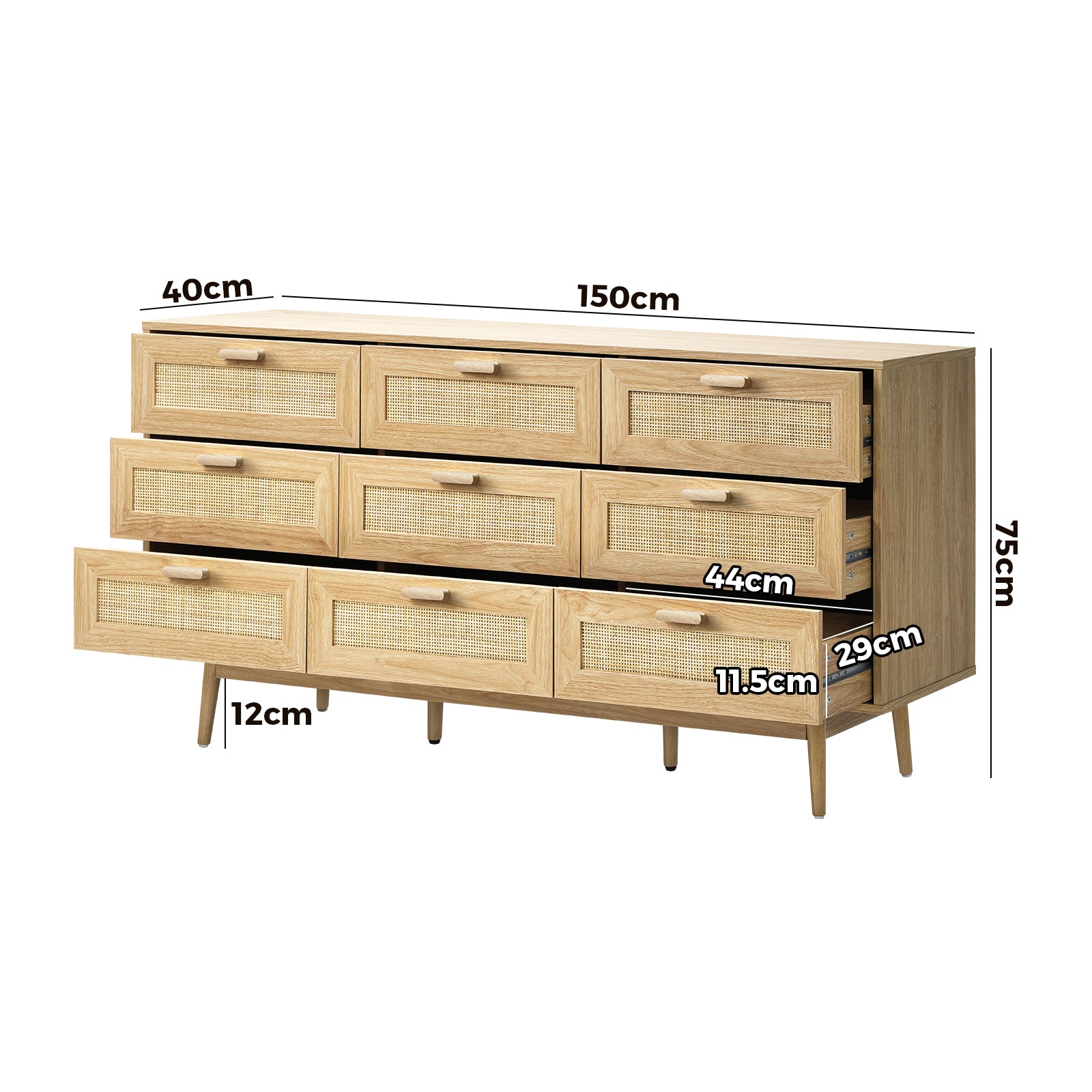 Oikiture 9 Chest of Drawers Dresser Rattan Storage Cabinet Lowboy Bedroom Wooden - Sunyee