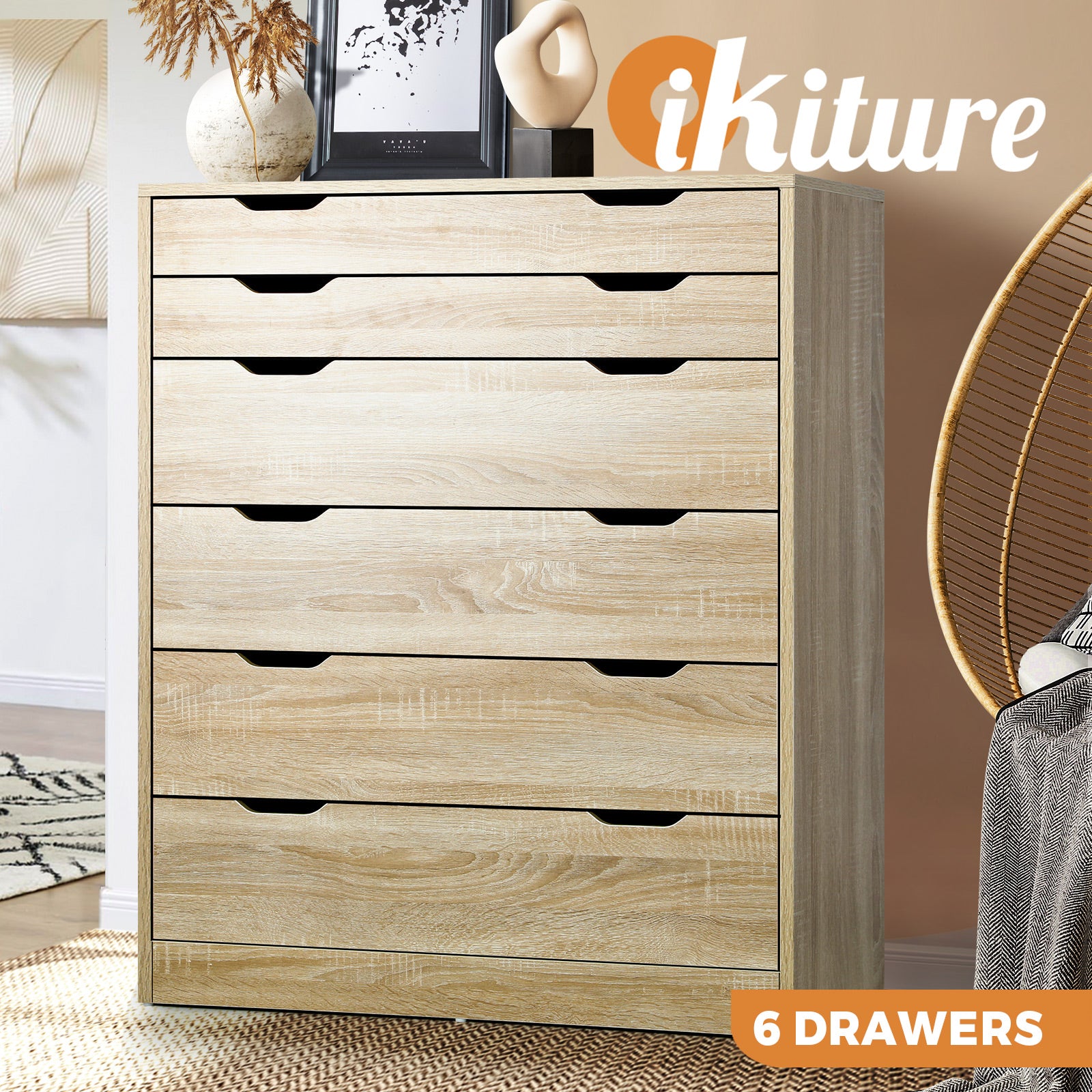 Oikiture 6 Chest of Drawers Dresser Table Tallboy Cabinet Bedroom White Oak - Sunyee