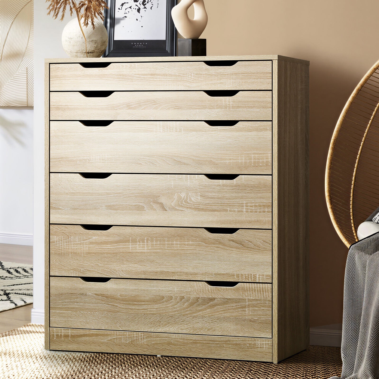 Oikiture 6 Chest of Drawers Dresser Table Tallboy Cabinet Bedroom White Oak - Sunyee