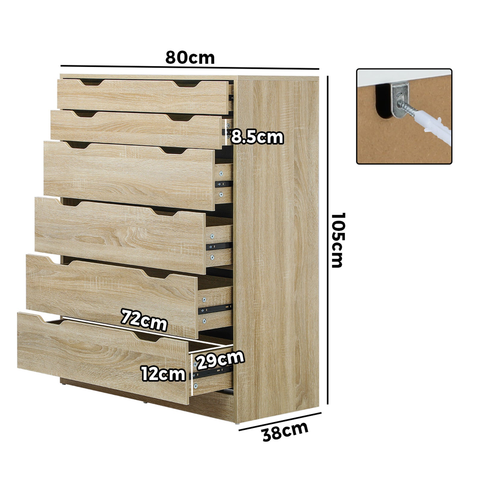 Oikiture 6 Chest of Drawers Tallboy Cabinet Bedroom Clothes Wooden Furniture - Sunyee