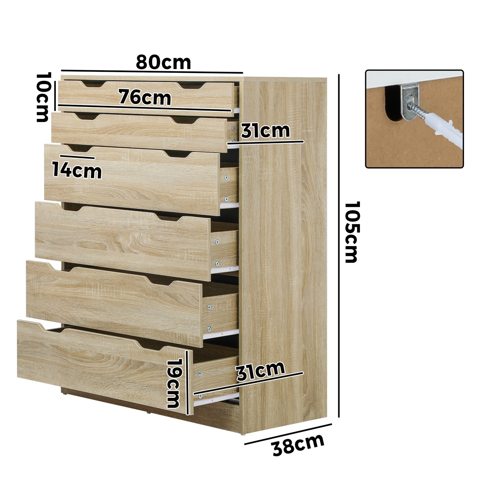 Oikiture 6 Chest of Drawers Tallboy Cabinet Bedroom Clothes Wooden Furniture - Sunyee