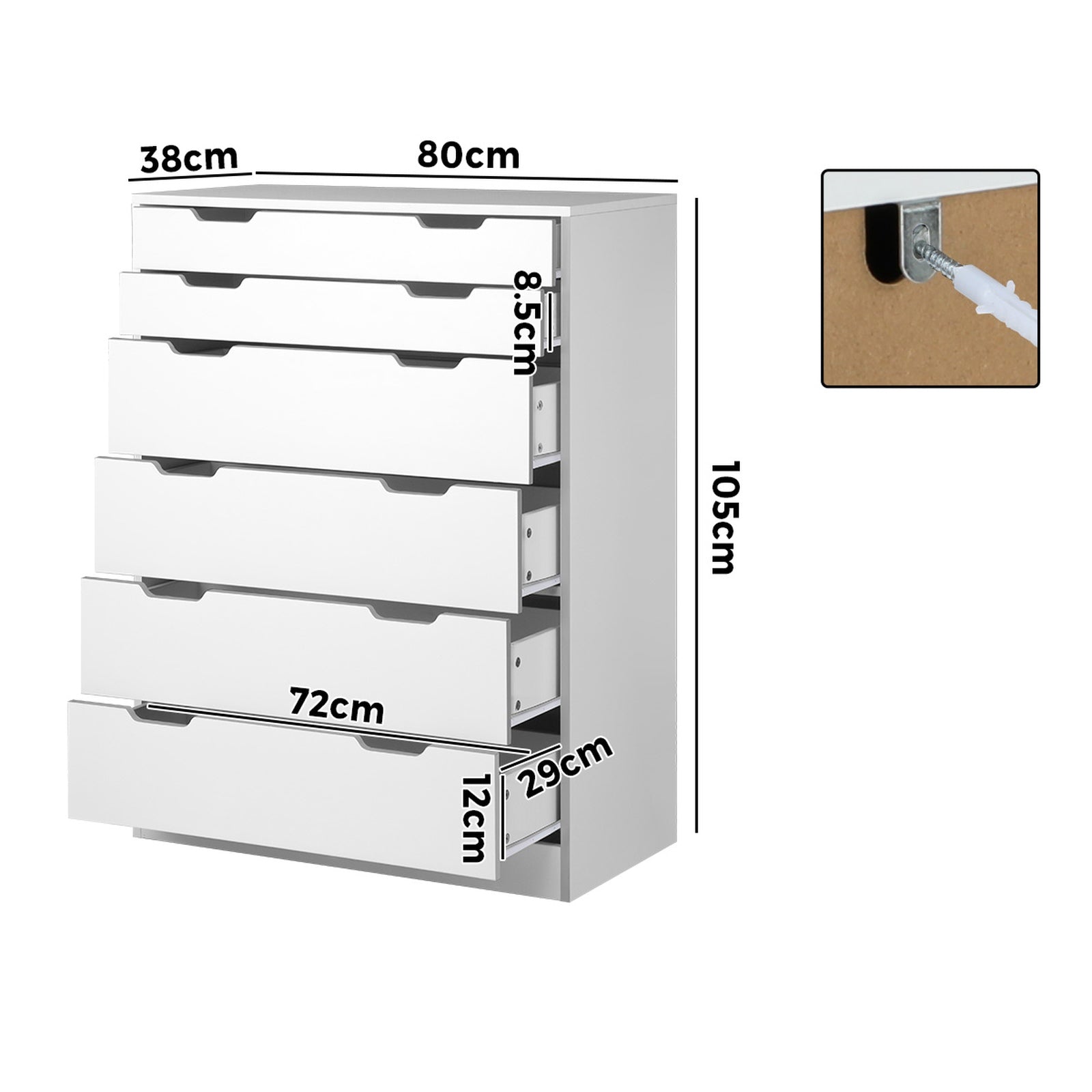 Oikiture 6 Chest of Drawers Tallboy Cabinet Bedroom Clothes White Furniture - Sunyee