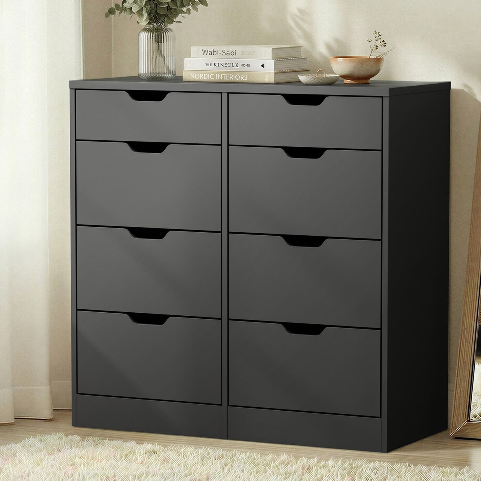 Oikiture 8 Chest of Drawers Tallboy Cabinet Dresser Bedroom Storage Black