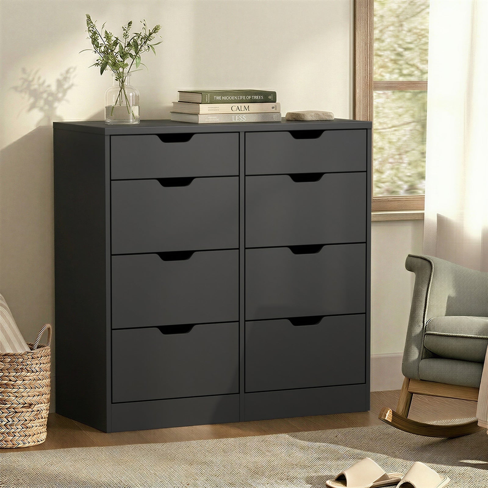 Oikiture 8 Chest of Drawers Tallboy Cabinet Dresser Bedroom Storage Black