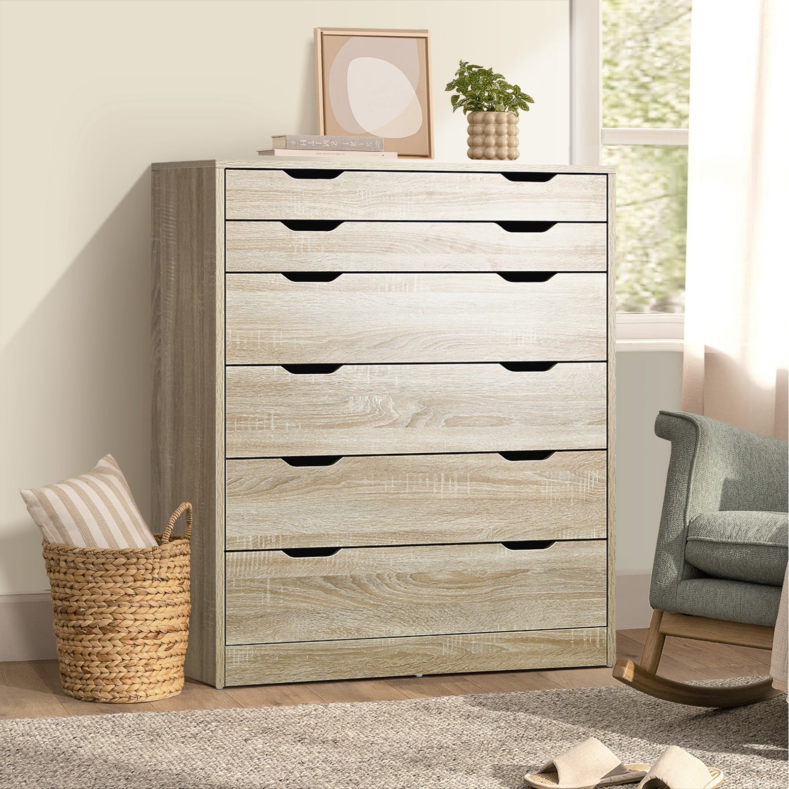 Oikiture 6 Chest of Drawers Dresser Table Tallboy Cabinet Bedroom White Oak - Sunyee