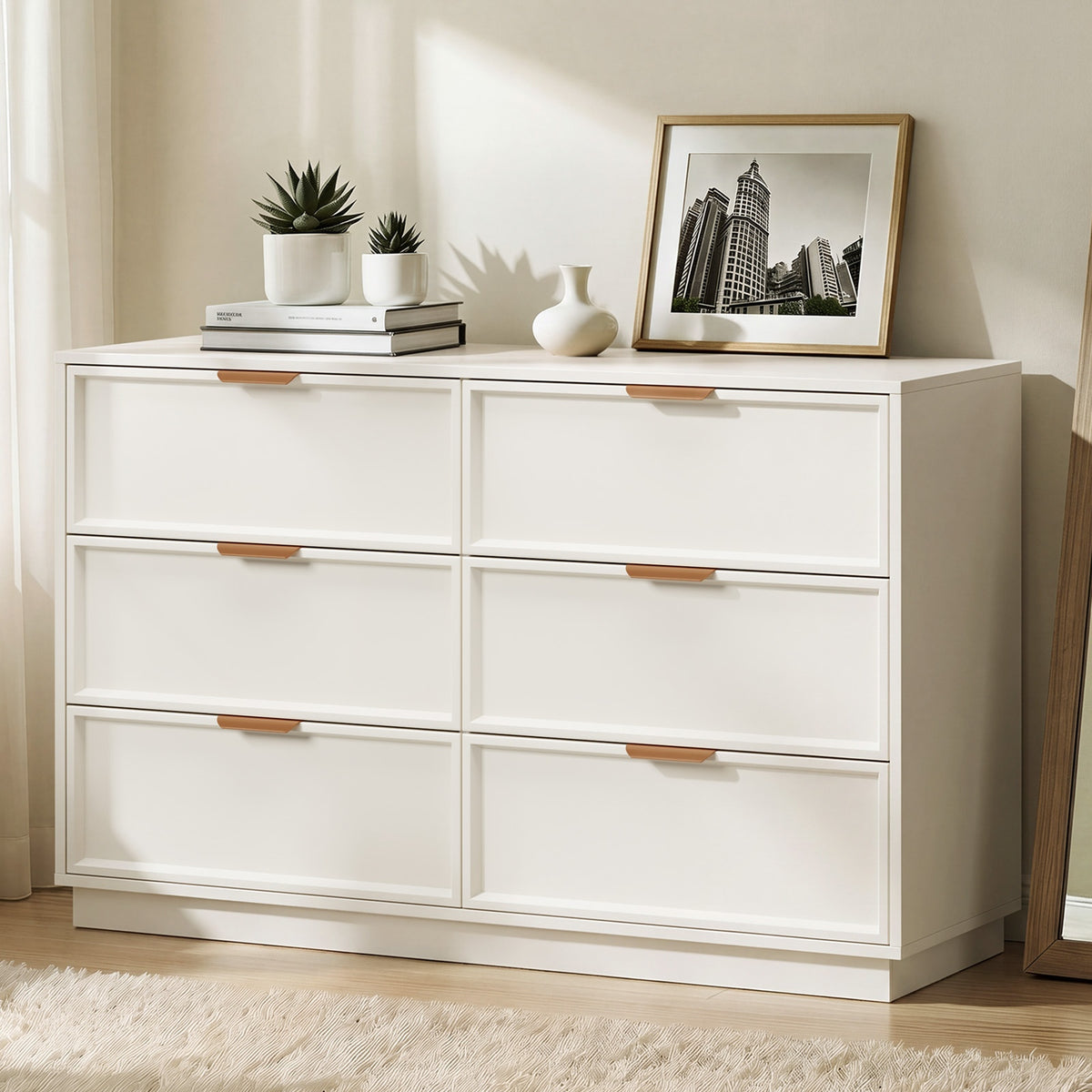 Oikiture 6 Chest of Drawer Dresser Lowboy Storage Metal Handle Creamy White