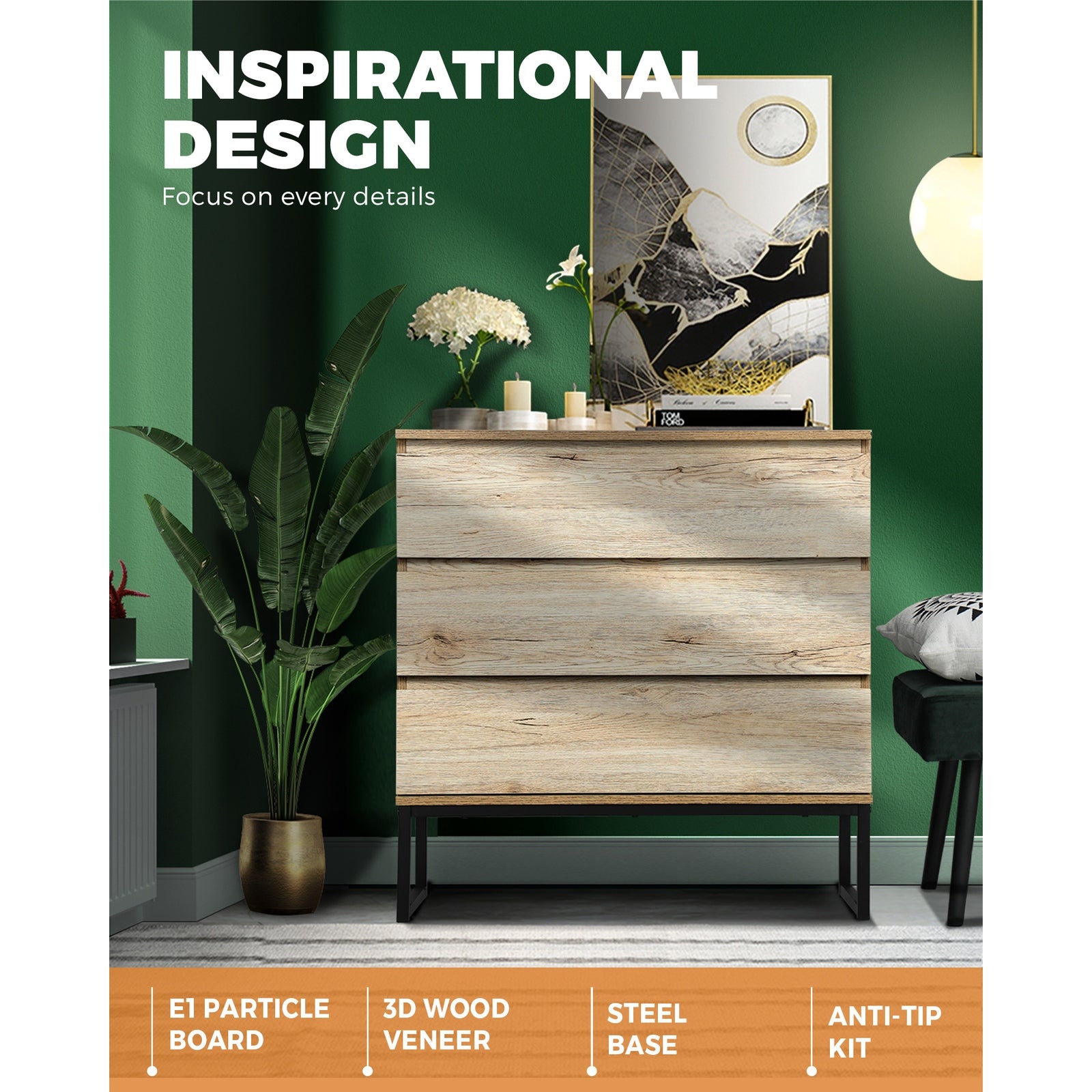 Oikiture 3 Chest of Drawers Storage Cabinet Tallboy Dresser Bedroom Furniture - Sunyee