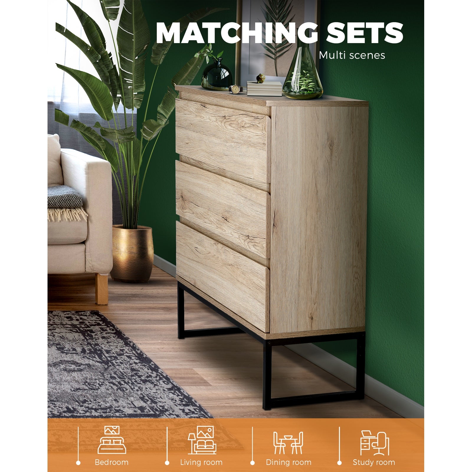 Oikiture 3 Chest of Drawers Storage Cabinet Tallboy Dresser Bedroom Furniture - Sunyee