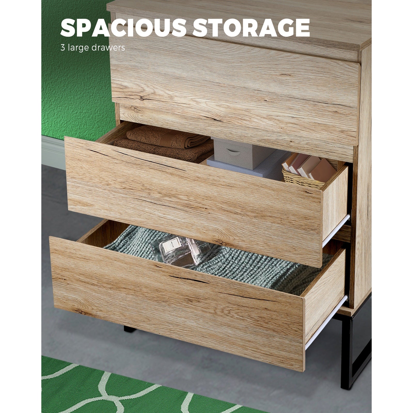 Oikiture 3 Chest of Drawers Storage Cabinet Tallboy Dresser Bedroom Furniture - Sunyee