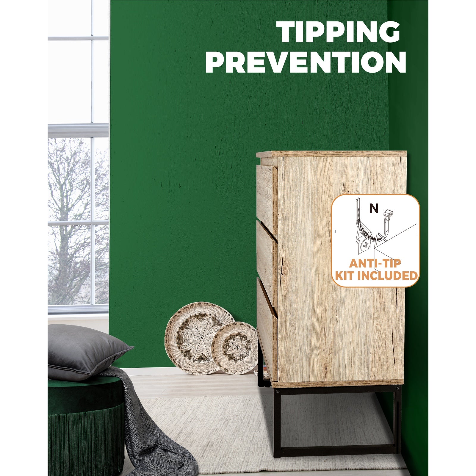 Oikiture 3 Chest of Drawers Storage Cabinet Tallboy Dresser Bedroom Furniture - Sunyee