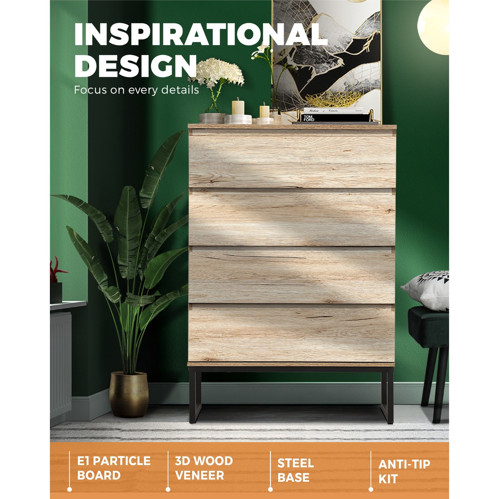 Oikiture 4 Chest of Drawers Storage Cabinet Tallboy Dresser Bedroom Furniture - Sunyee