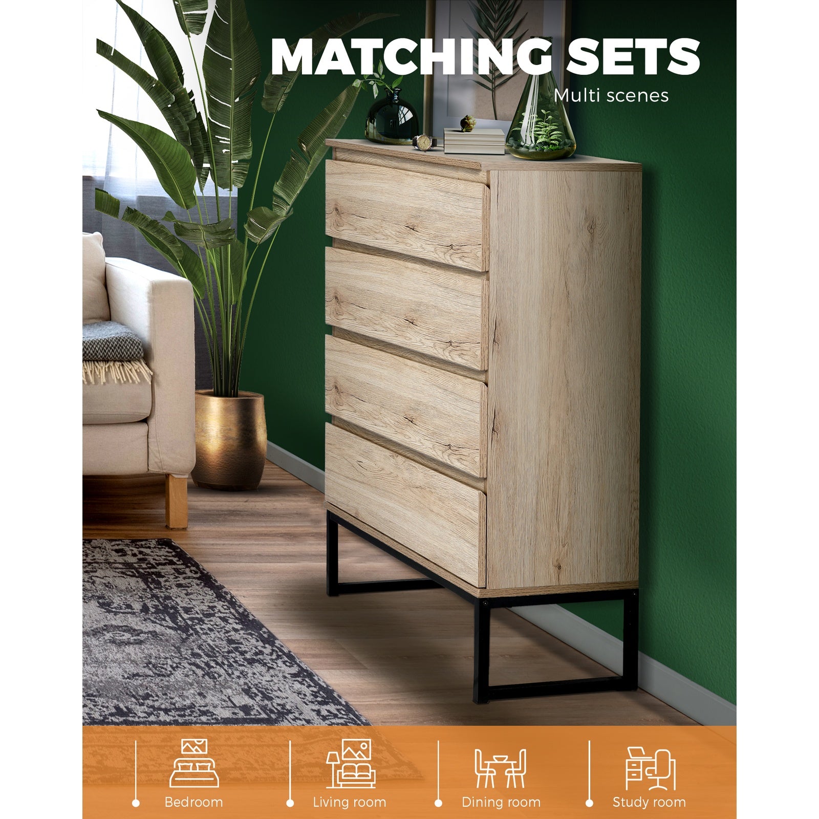 Oikiture 4 Chest of Drawers Storage Cabinet Tallboy Dresser Bedroom Furniture - Sunyee