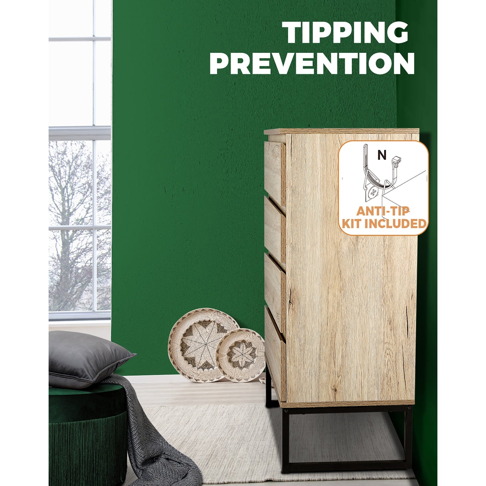 Oikiture 4 Chest of Drawers Storage Cabinet Tallboy Dresser Bedroom Furniture - Sunyee