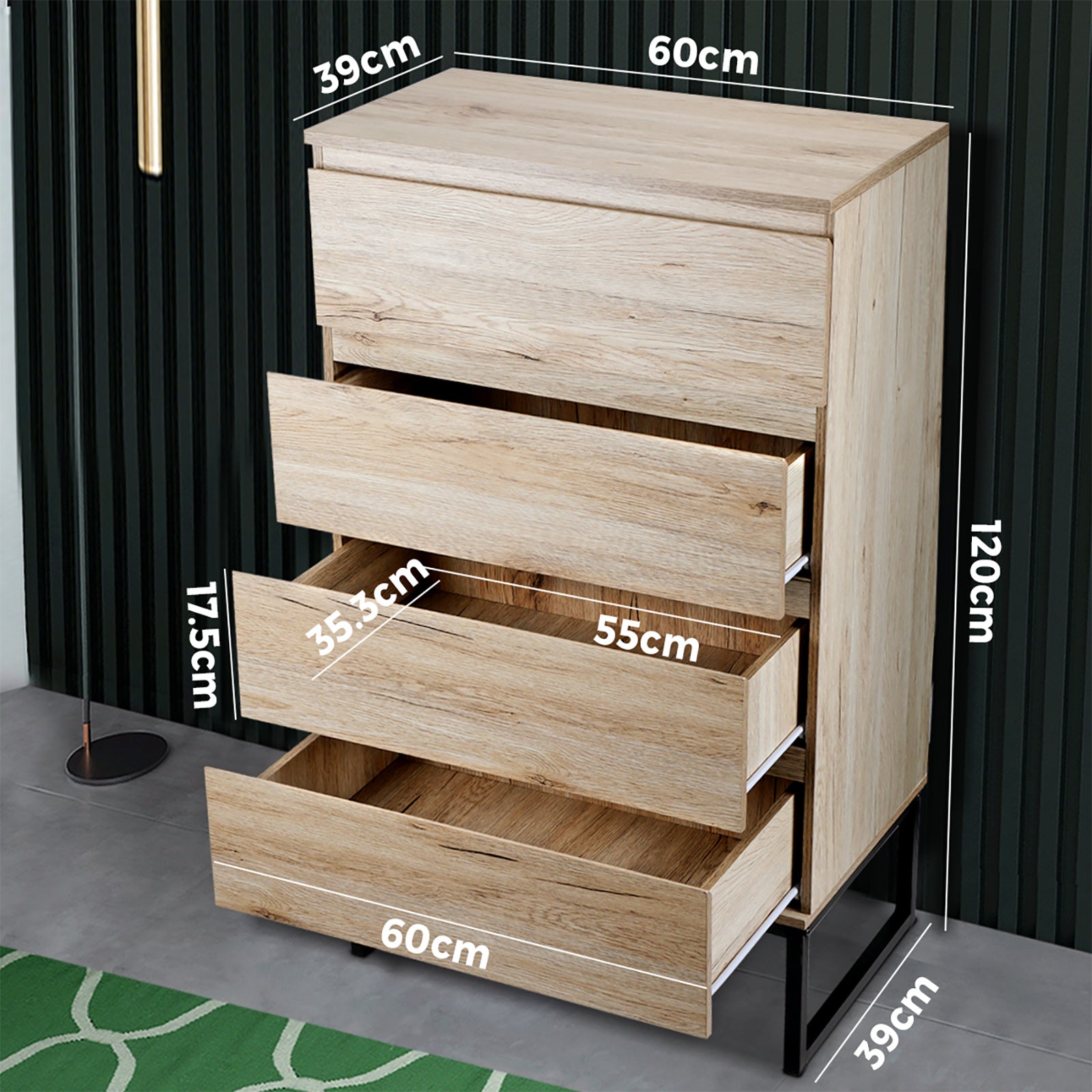 Oikiture 4 Chest of Drawers Storage Cabinet Tallboy Dresser Bedroom Furniture - Sunyee