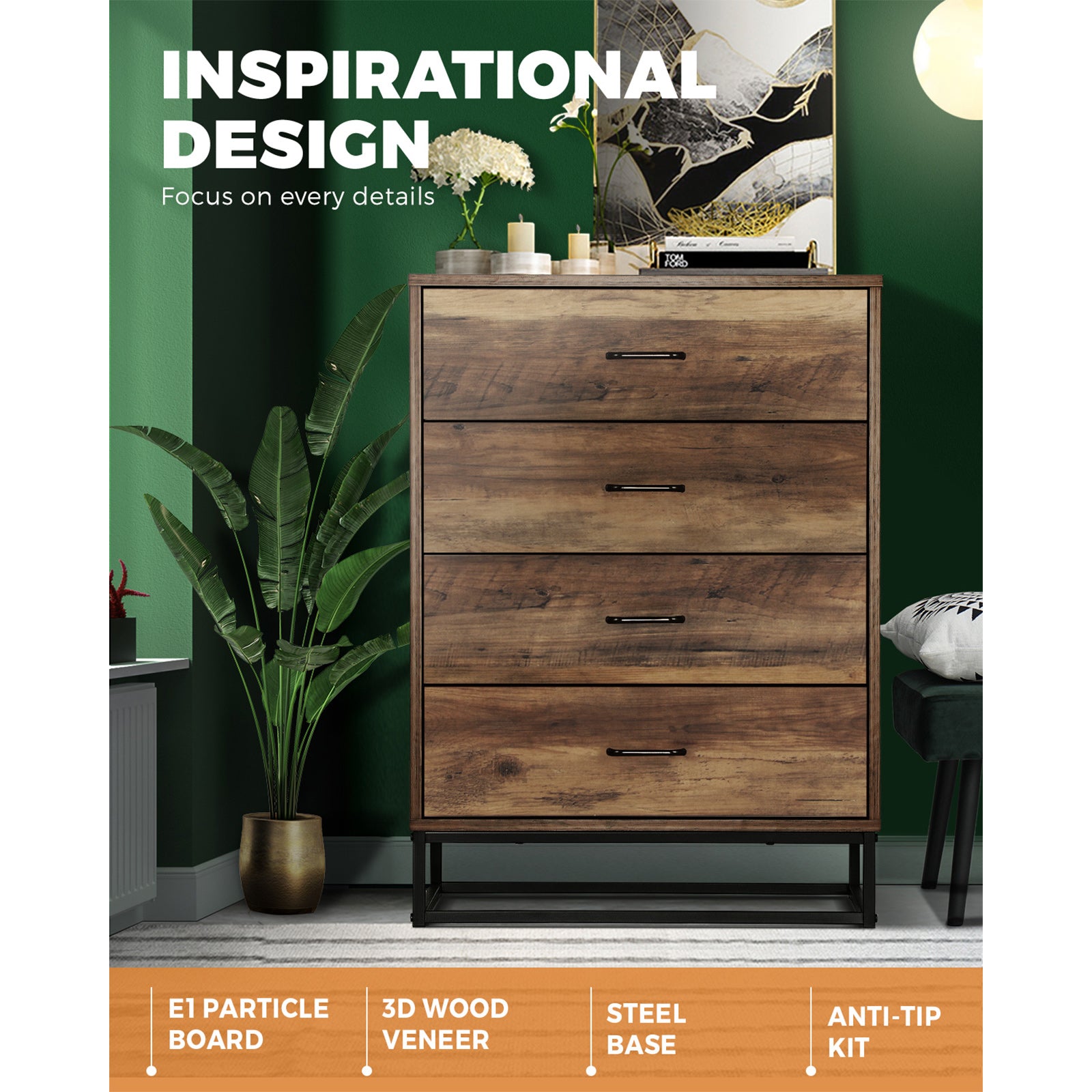 Oikiture 4 Drawers Chest of Drawers Storage Cabinet Tallboy Dresser Furniture - Sunyee