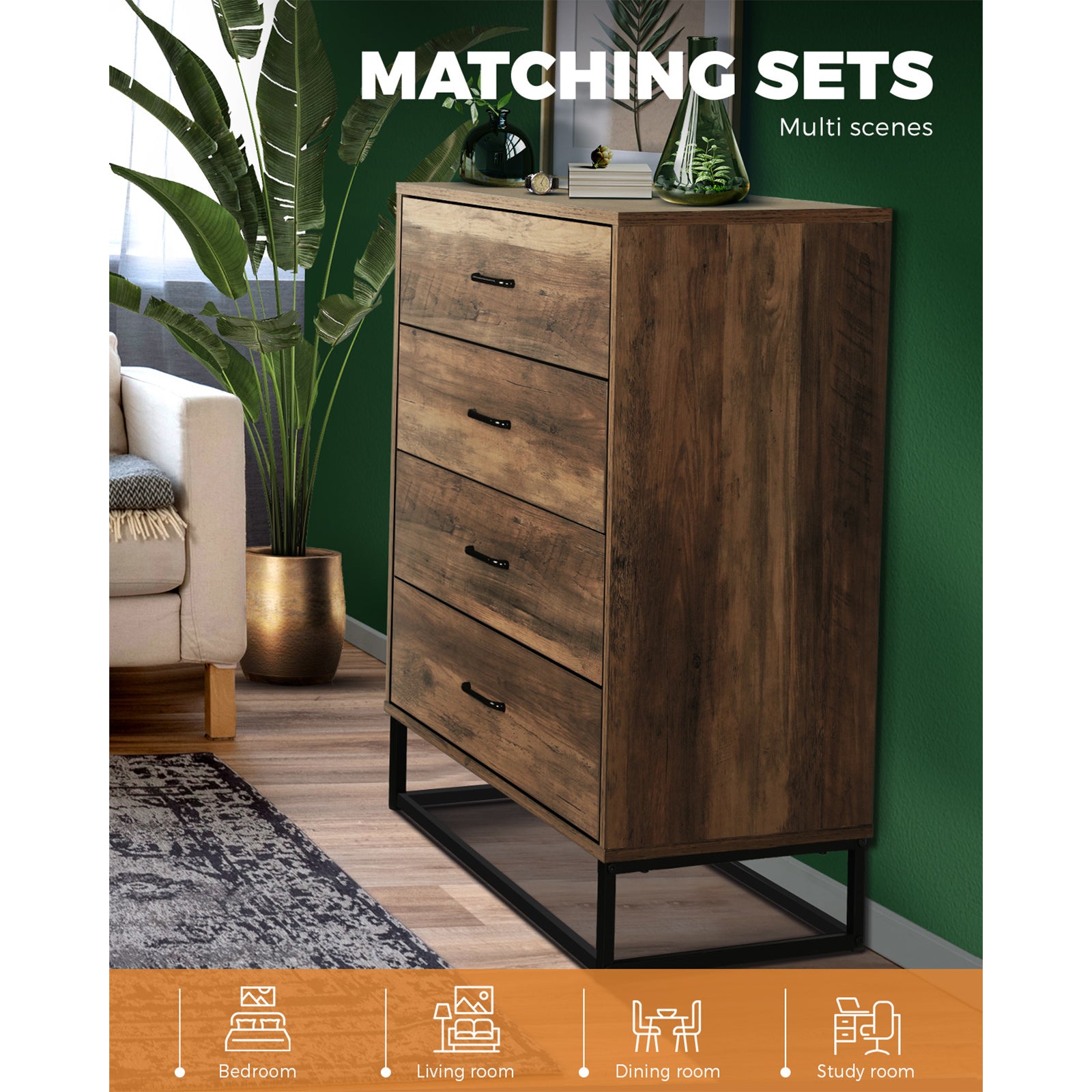 Oikiture 4 Drawers Chest of Drawers Storage Cabinet Tallboy Dresser Furniture - Sunyee