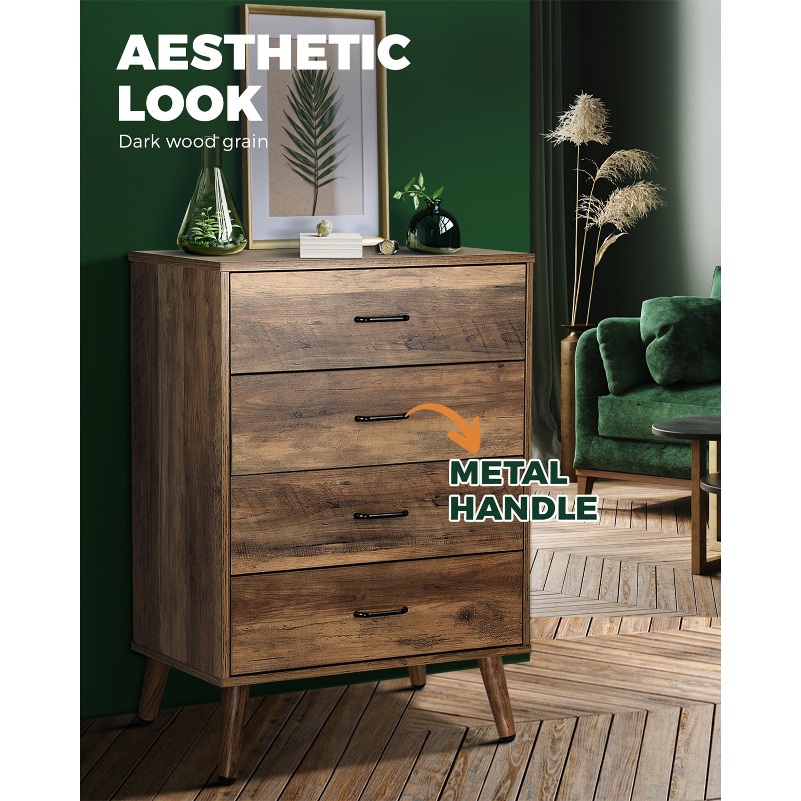 Oikiture 4 Chest of Drawers Storage Cabinet Tallboy Dresser Furniture Wooden - Sunyee