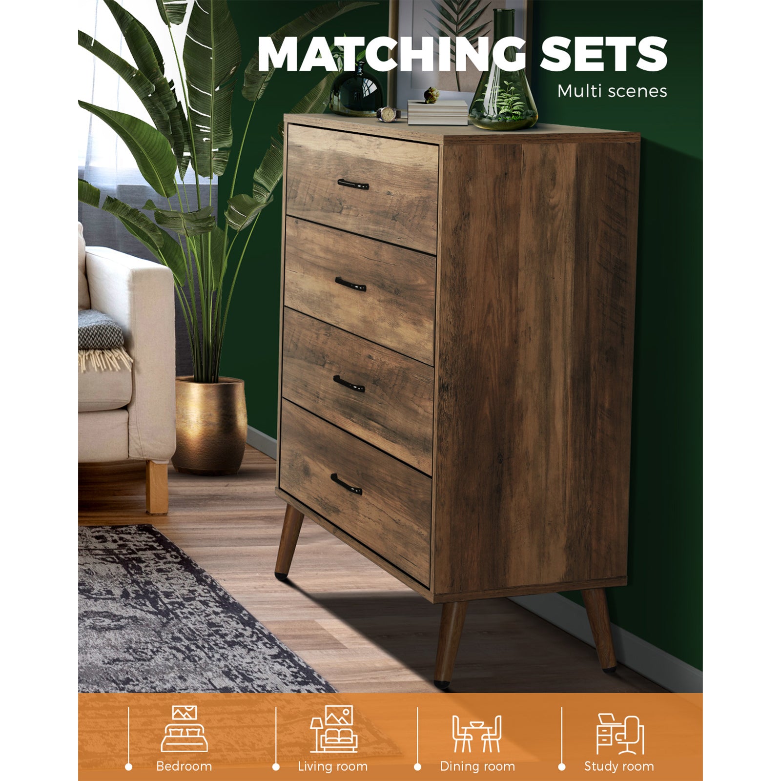 Oikiture 4 Chest of Drawers Storage Cabinet Tallboy Dresser Furniture Wooden - Sunyee