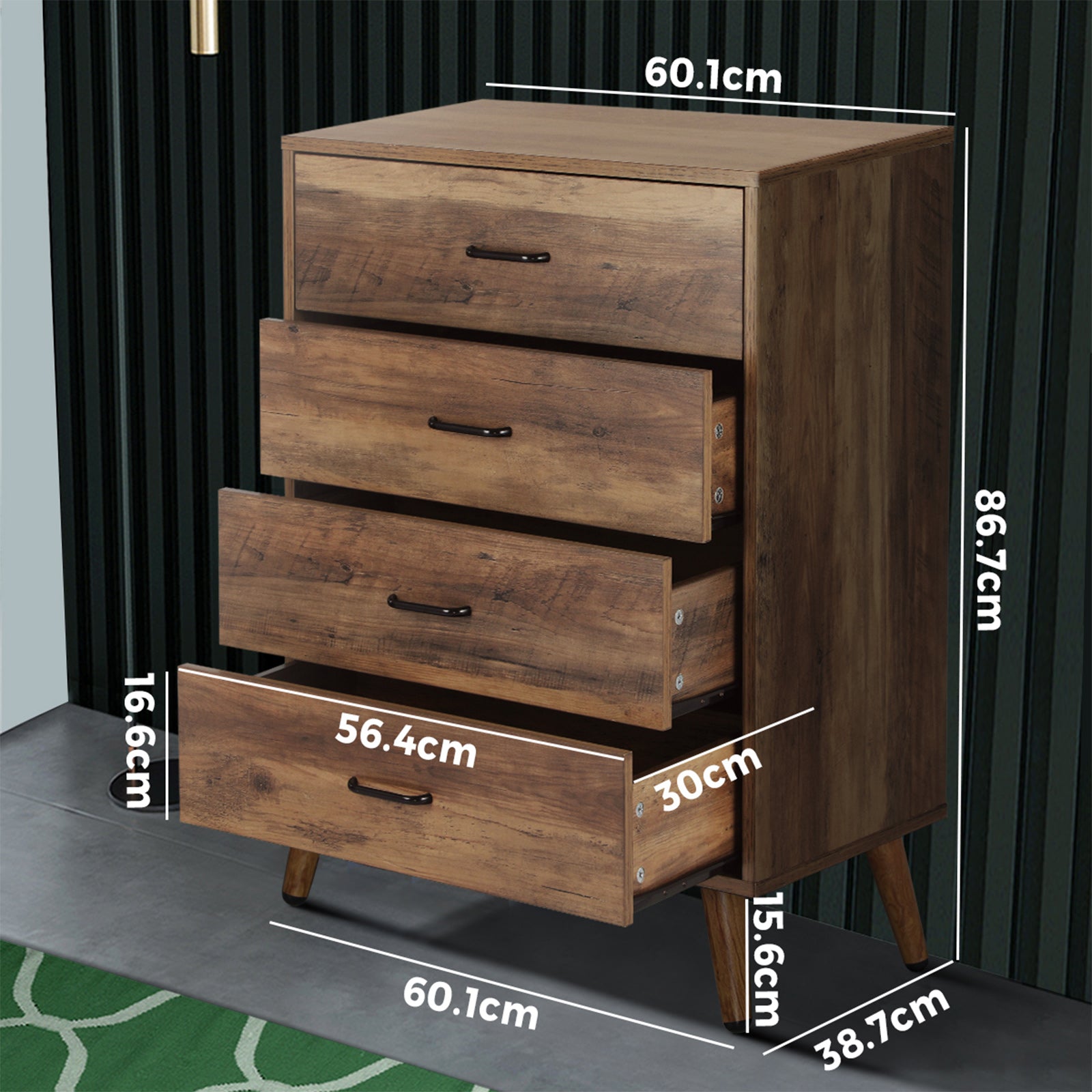 Oikiture 4 Chest of Drawers Storage Cabinet Tallboy Dresser Furniture Wooden - Sunyee