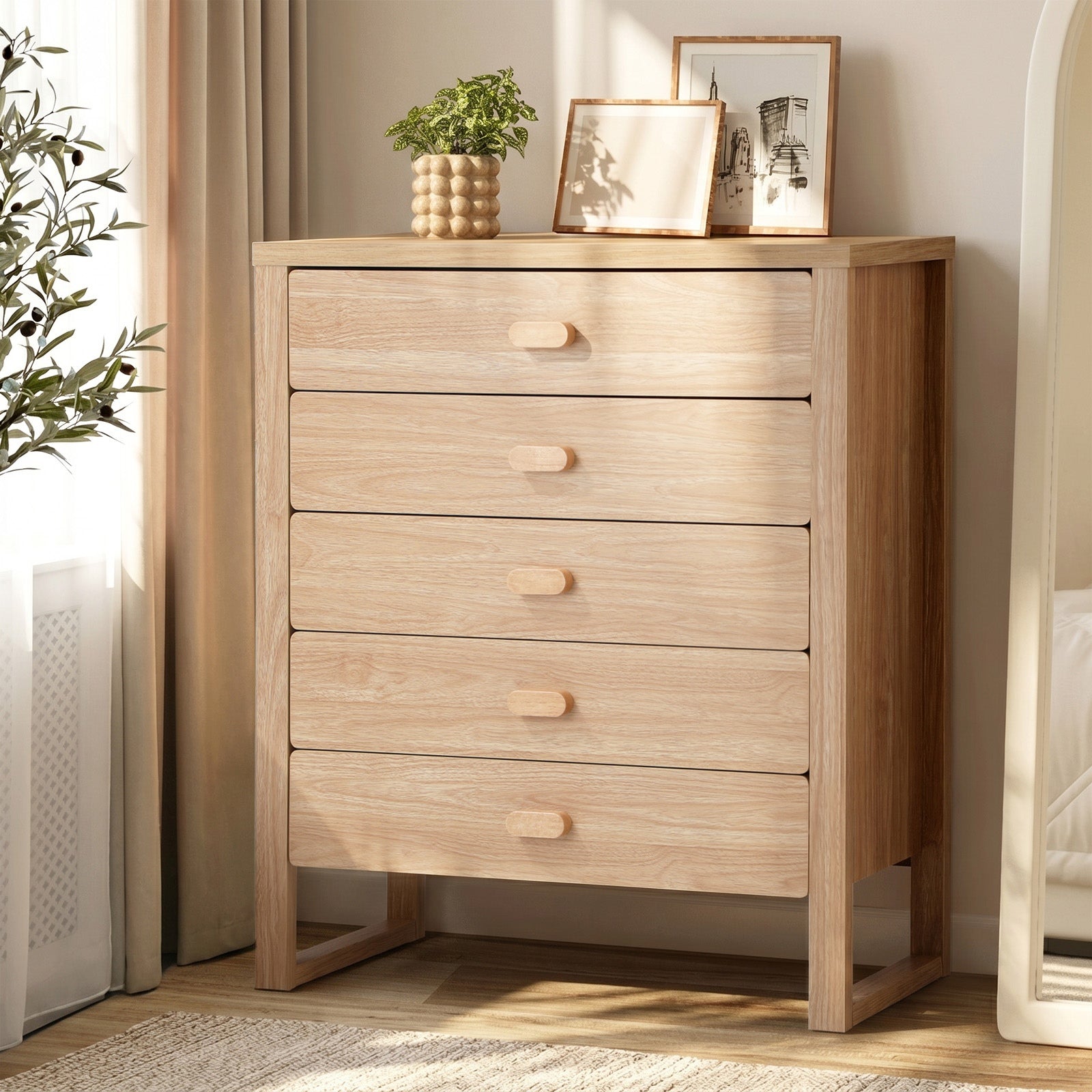 Oikiture 5 Chest of Drawers Dresser Tallboy Storage Desk Bedroom Natural