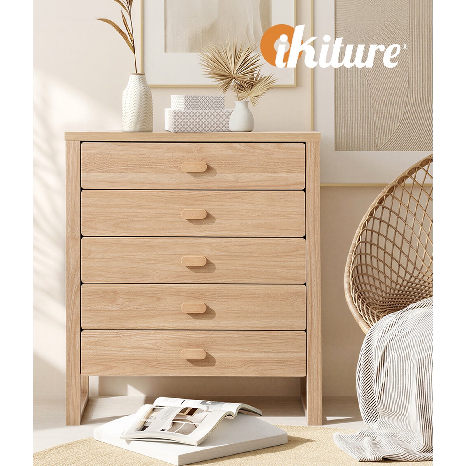 Oikiture 5 Chest of Drawers Dresser Tallboy Storage Desk Bedroom Natural