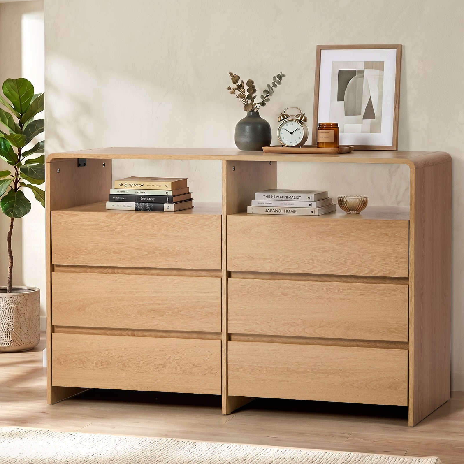 Oikiture 6 Chest Of Drawers Dresser with 2 Open Shelves Handle-Free Natural