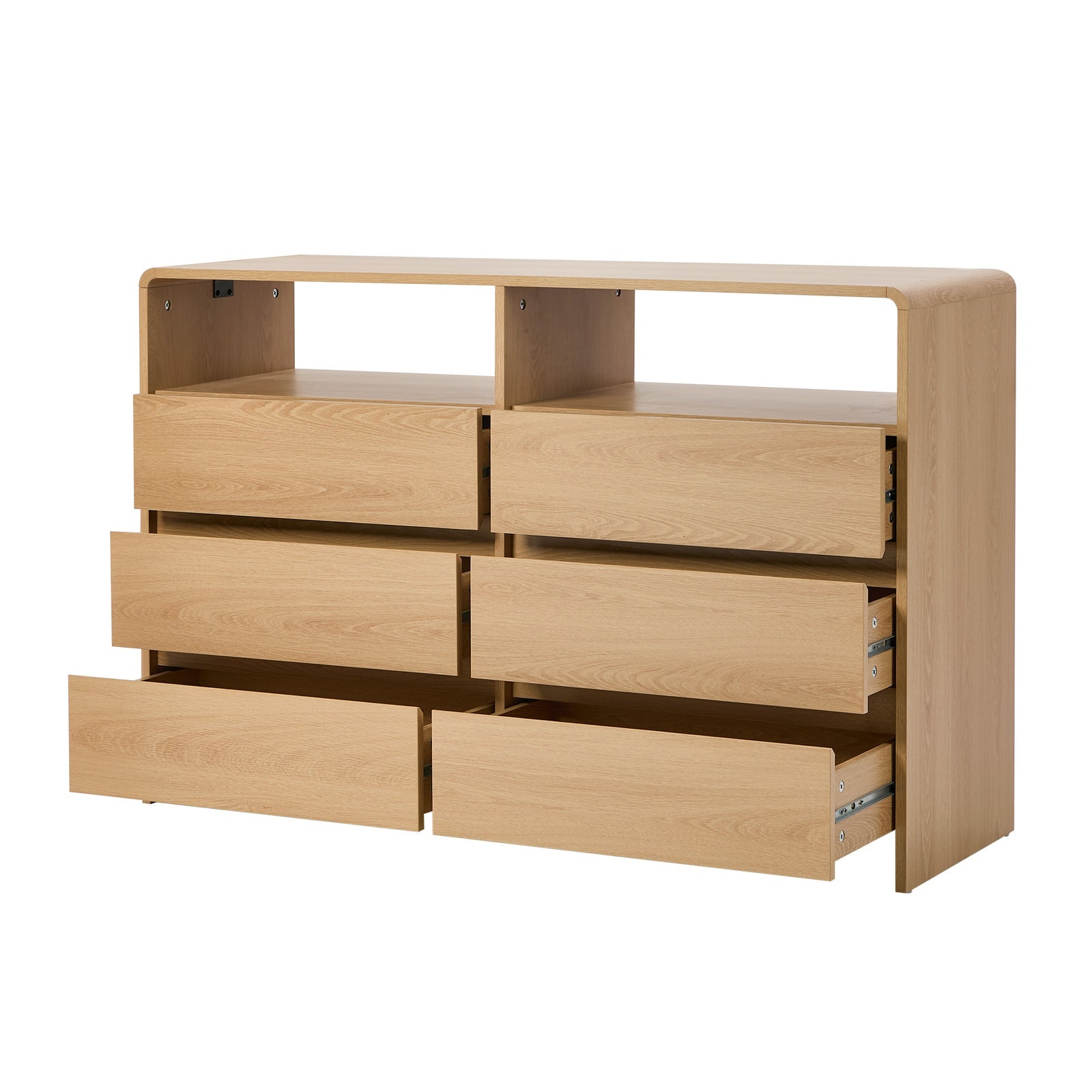 Oikiture 6 Chest Of Drawers Dresser with 2 Open Shelves Handle-Free Natural