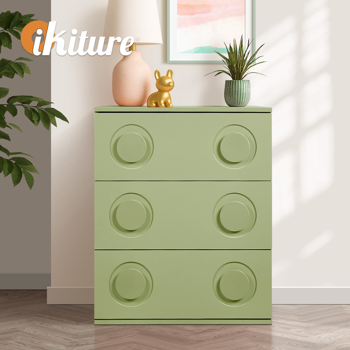 Oikiture 3 Chest of Drawers Spacious Cabinet Bedroom Dresser Nightstand Green - Sunyee