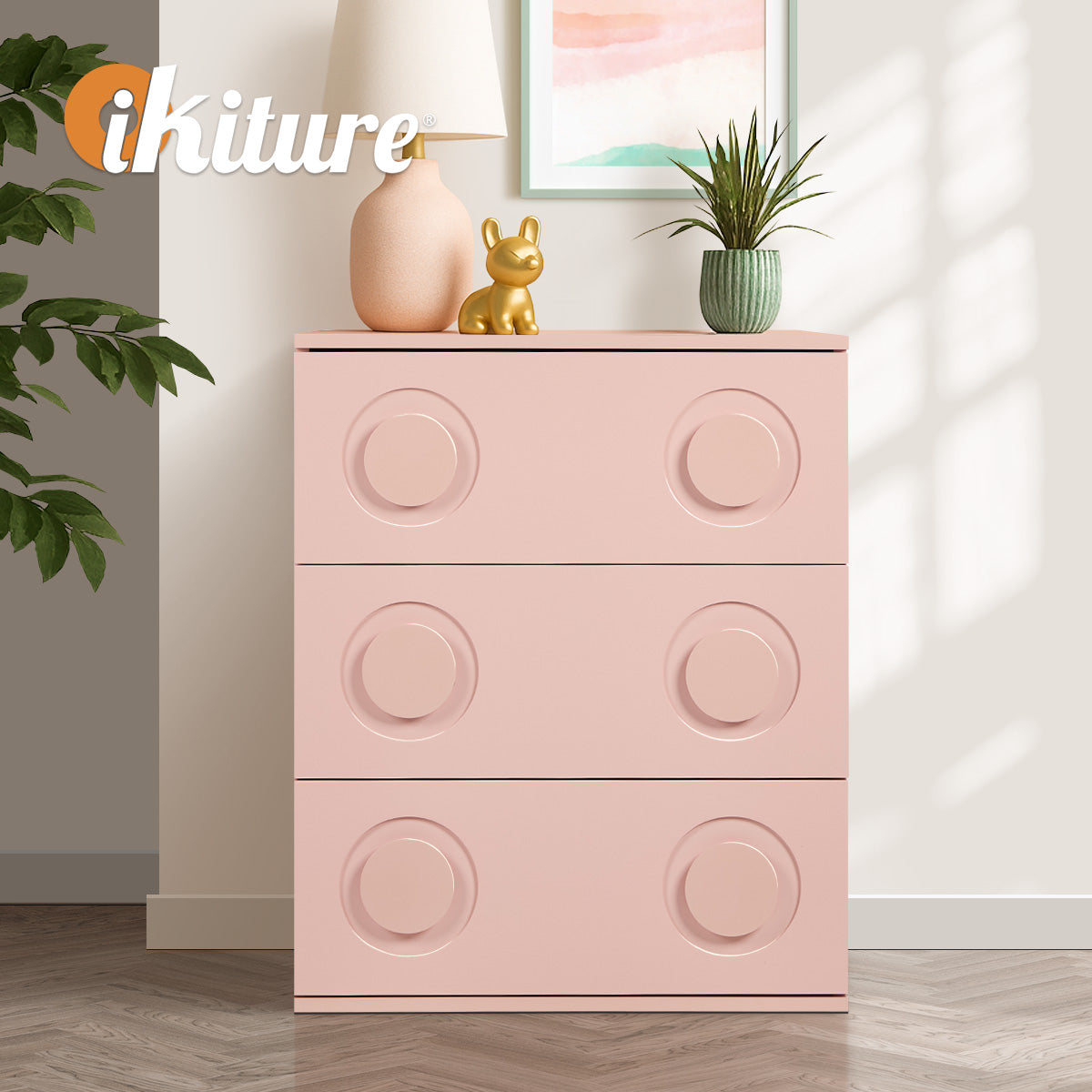 Oikiture 3 Chest of Drawers Spacious Cabinet Bedroom Dresser Nightstand Pink - Sunyee