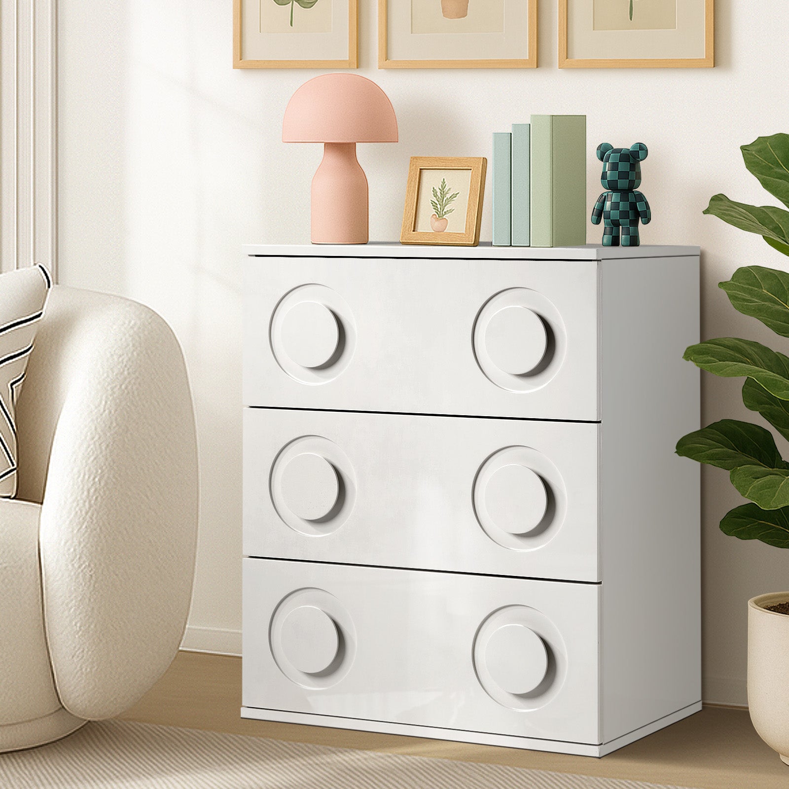 Oikiture 3 Chest of Drawers Spacious Cabinet Bedroom Dresser Nightstand White - Sunyee